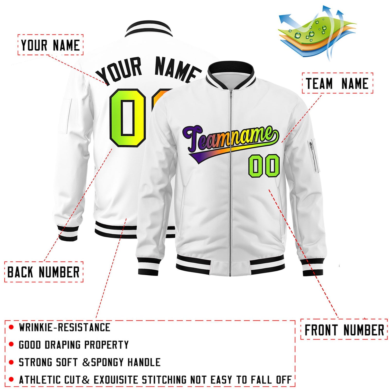 Custom White Full-Zip Gradient Fashion Letterman Bomber Jacket
