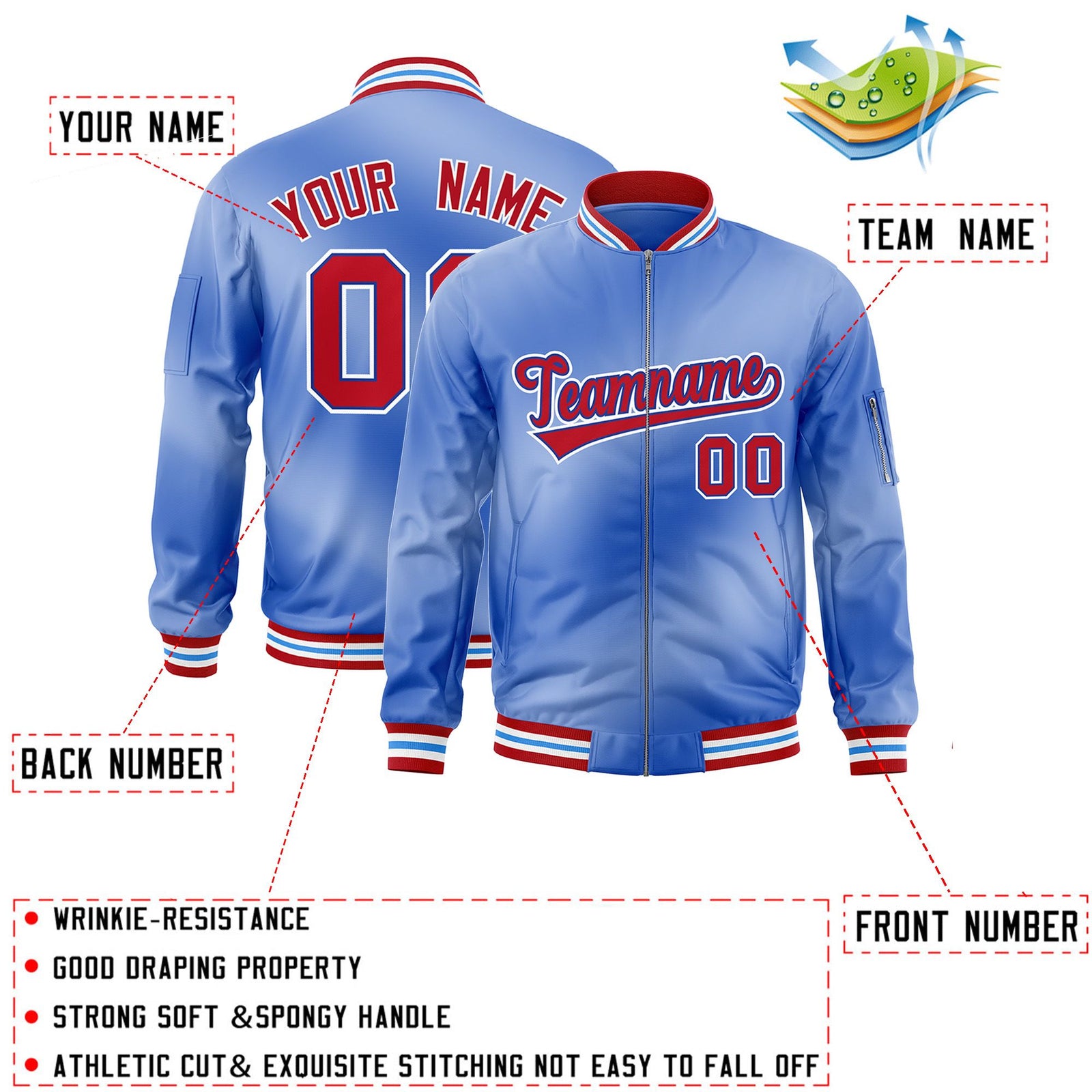 Custom Light Blue Full-Zip Gradient Fashion Letterman Bomber Jacket