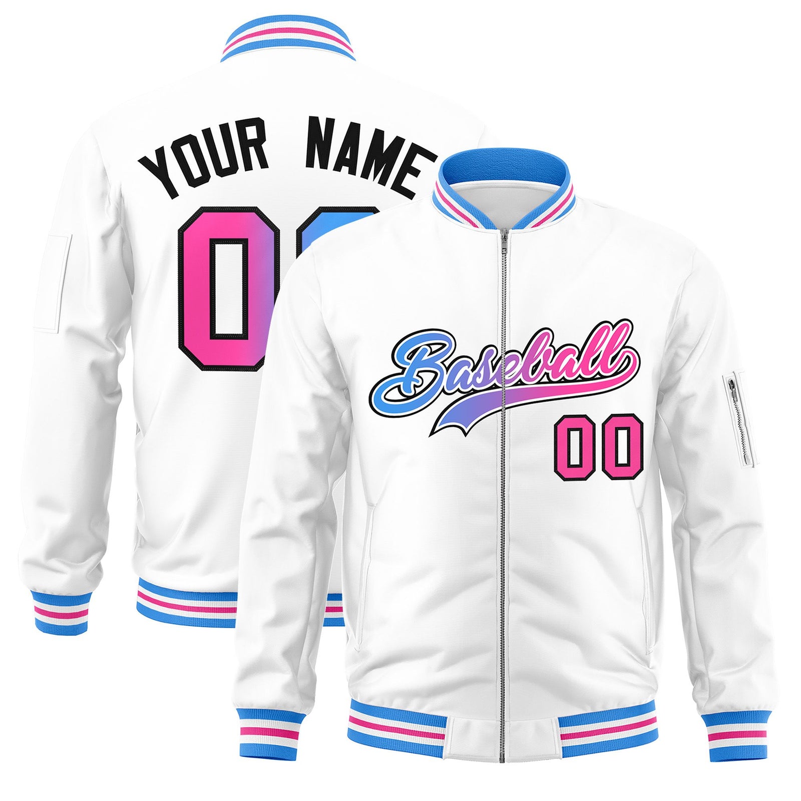 Custom White Full-Zip Gradient Fashion Letterman Bomber Jacket