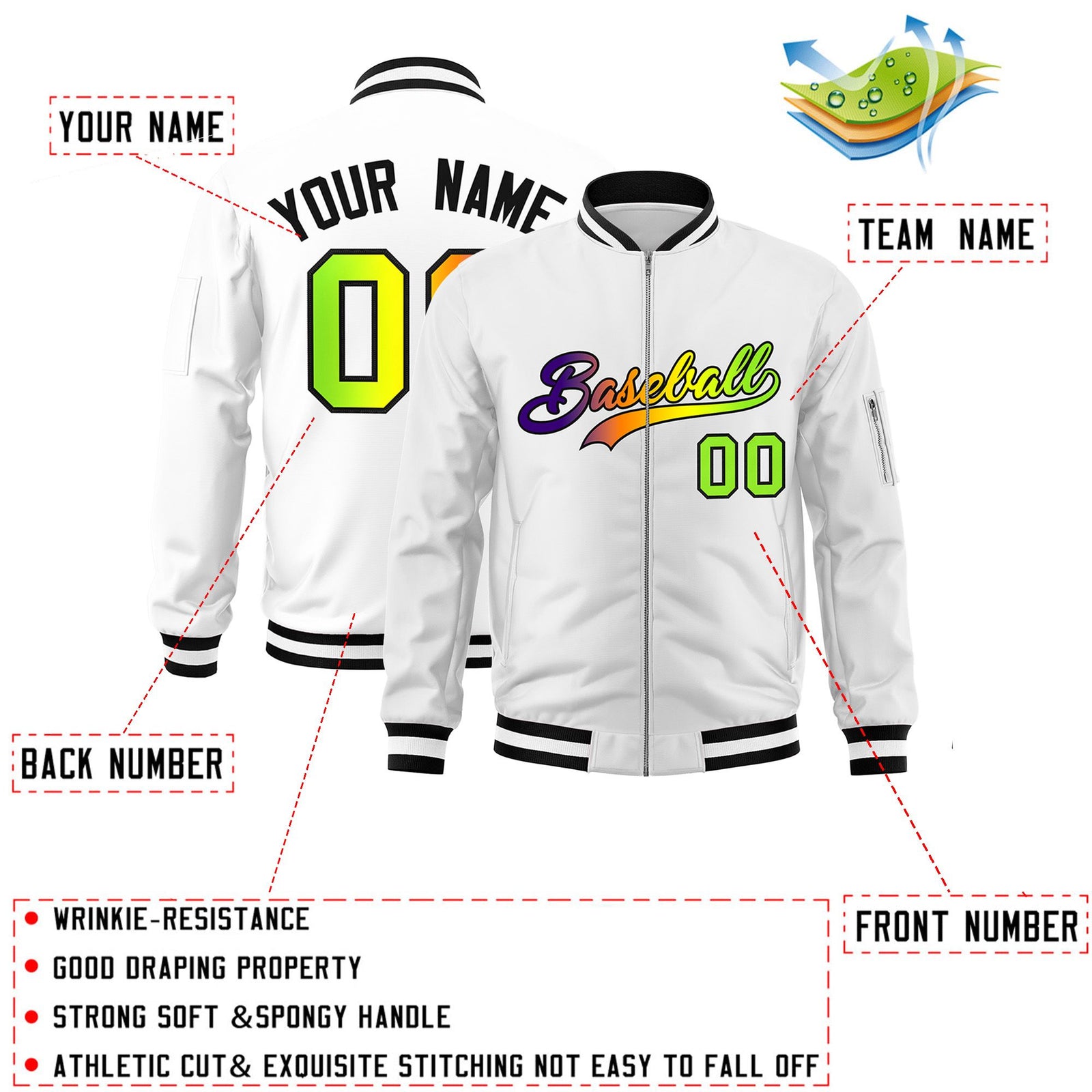 Custom White Full-Zip Gradient Fashion Letterman Bomber Jacket