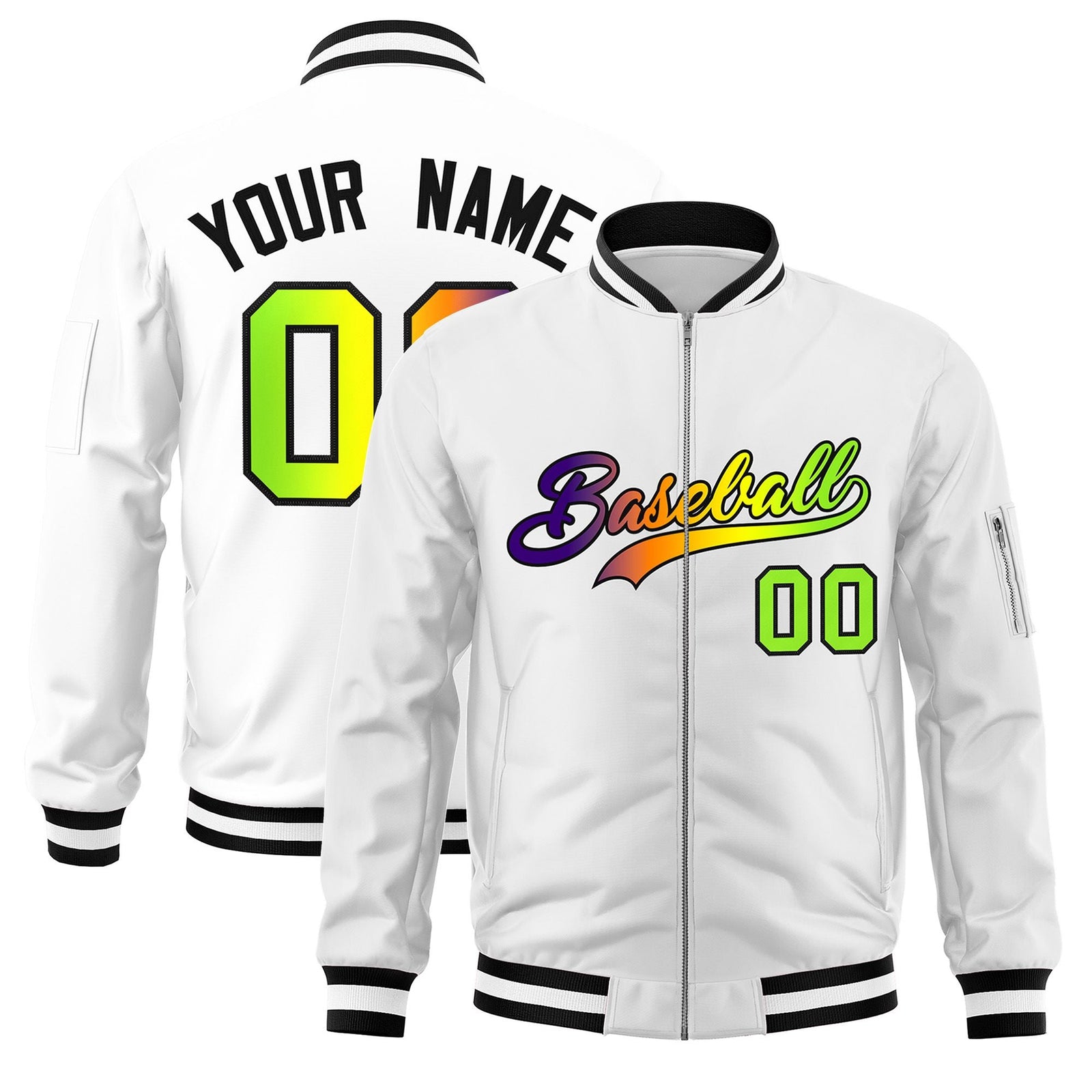 Custom White Full-Zip Gradient Fashion Letterman Bomber Jacket