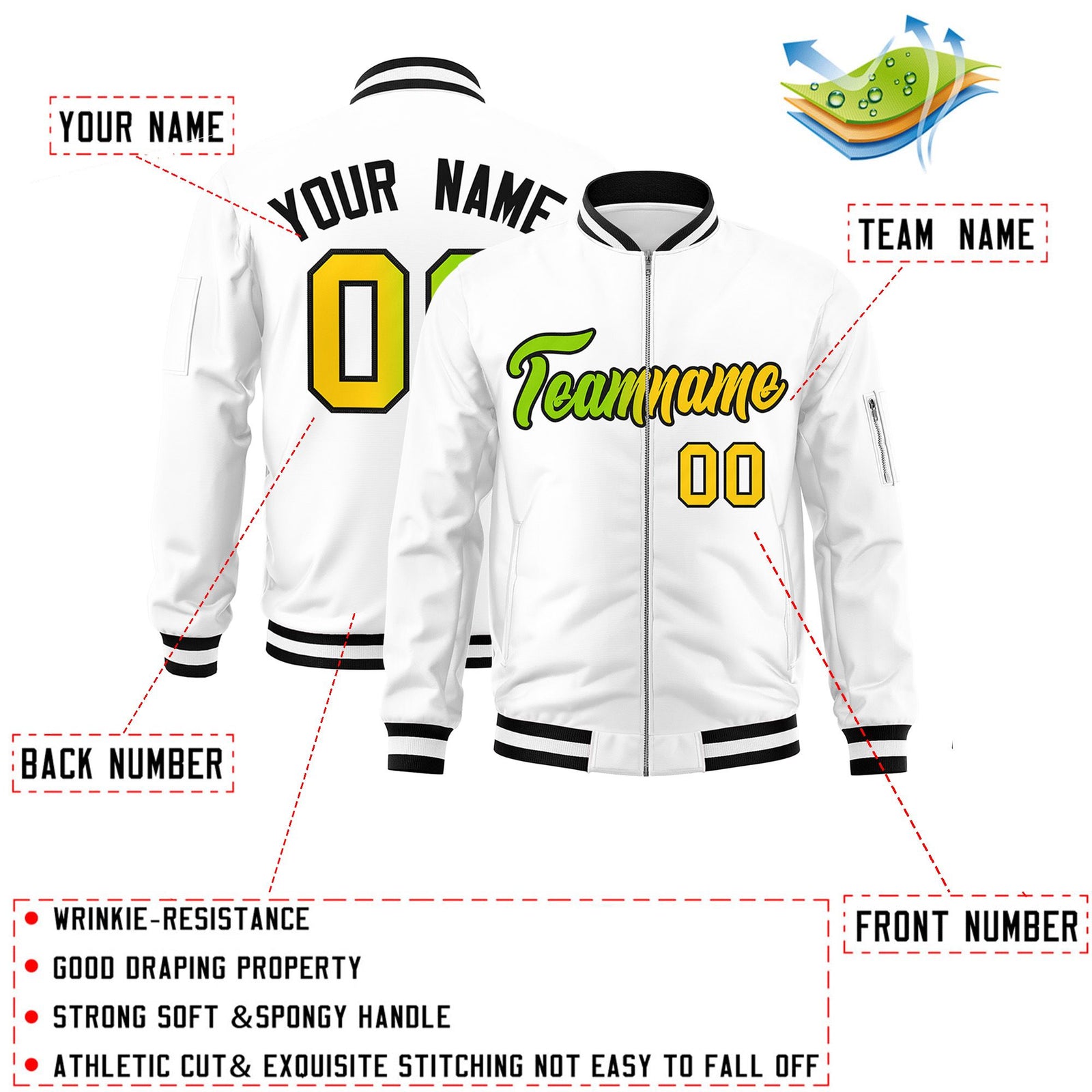 Custom White Full-Zip Gradient Fashion Letterman Bomber Jacket