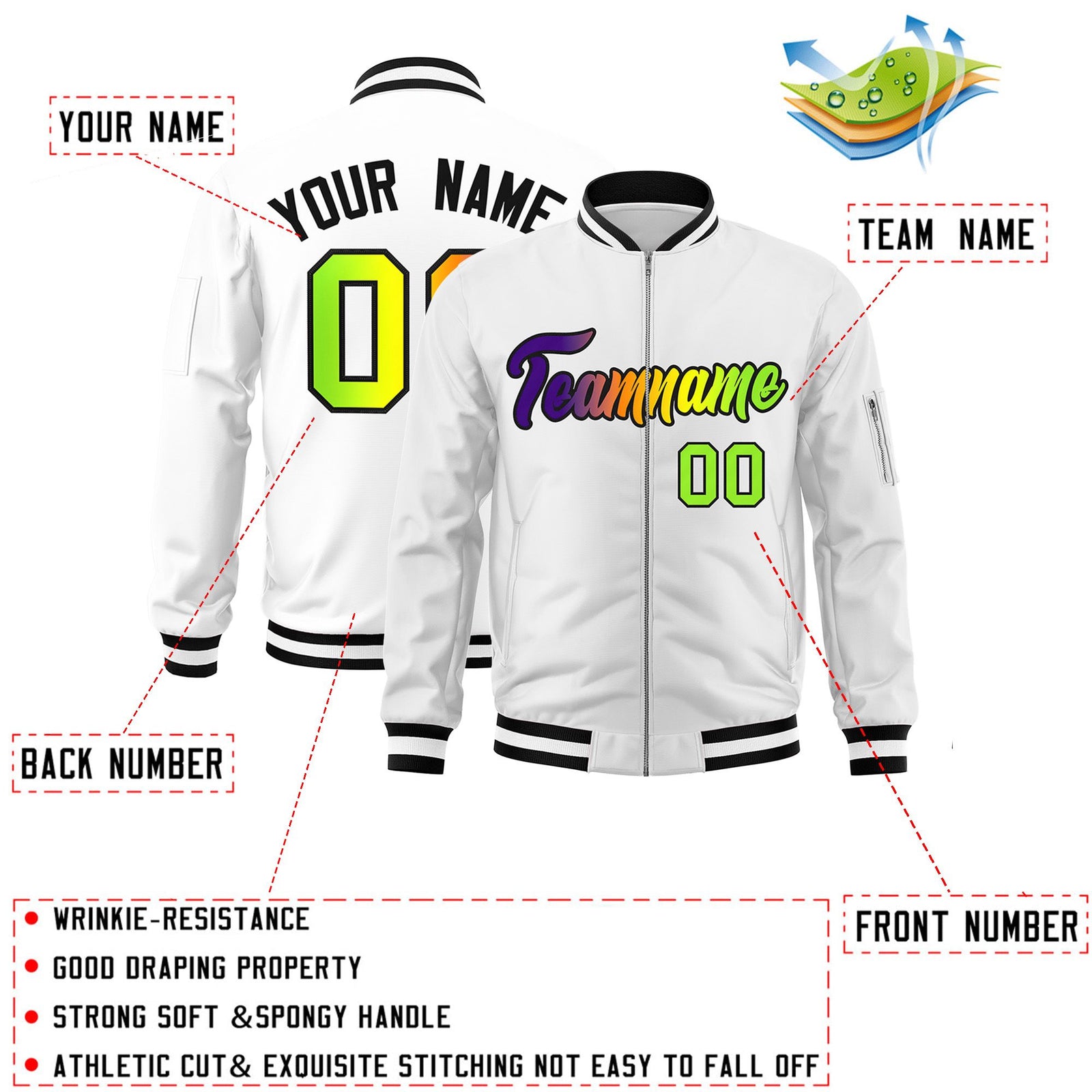 Custom White Full-Zip Gradient Fashion Letterman Bomber Jacket