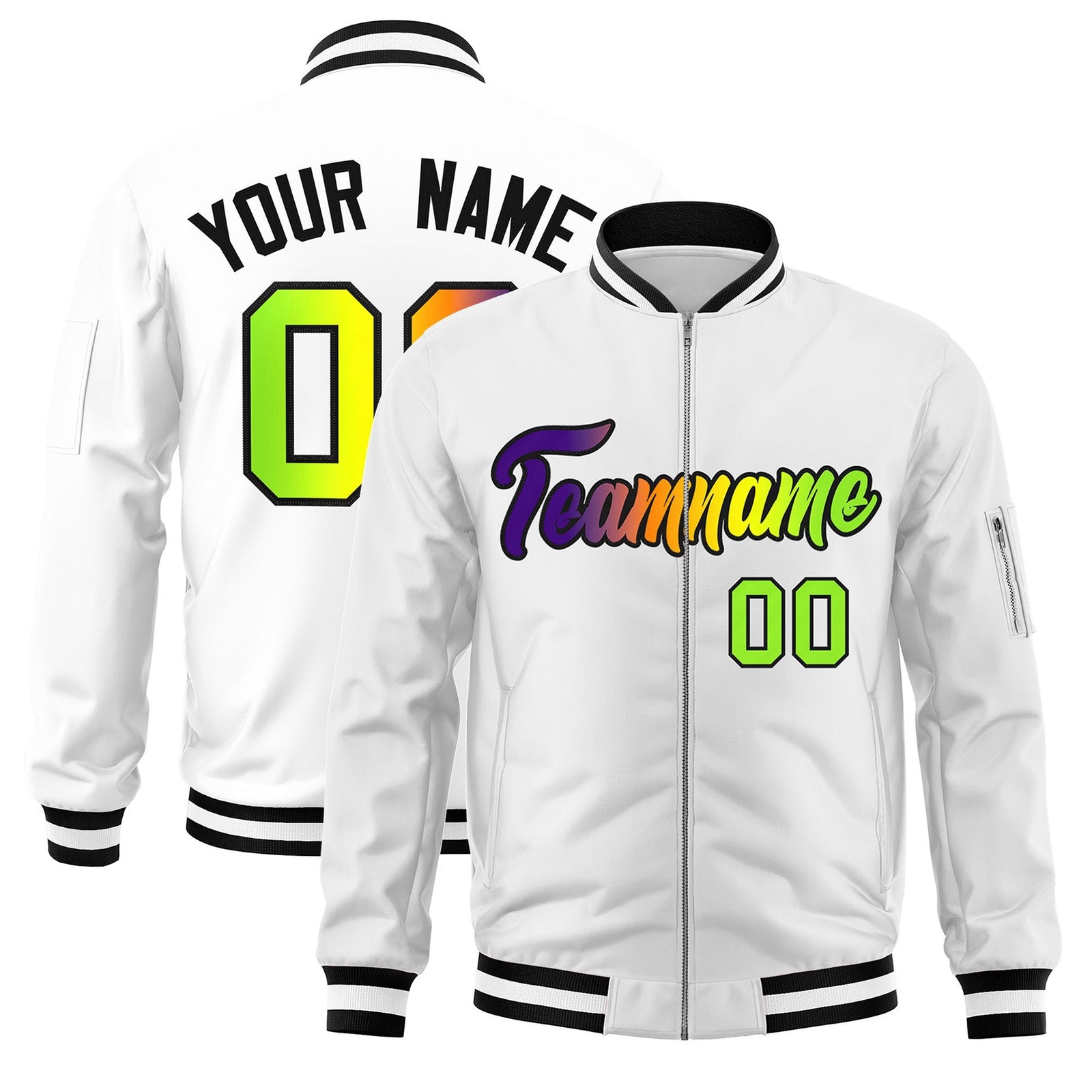Custom White Full-Zip Gradient Fashion Letterman Bomber Jacket