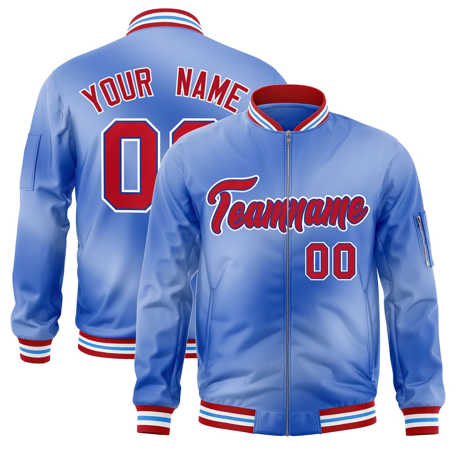 Custom Light Blue Full-Zip Gradient Fashion Letterman Bomber Jacket
