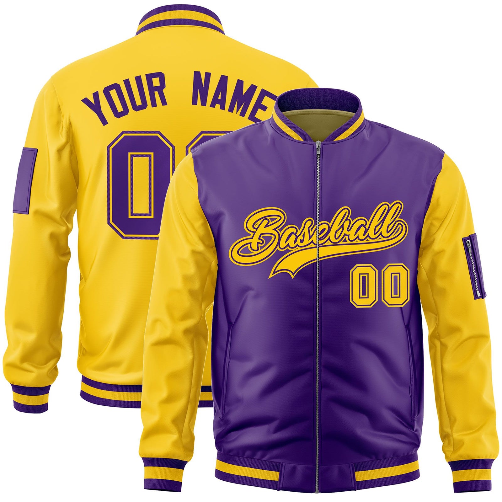 Custom Purple Gold Varsity Full-Zip Two-Tone Letterman Bomber Jacket