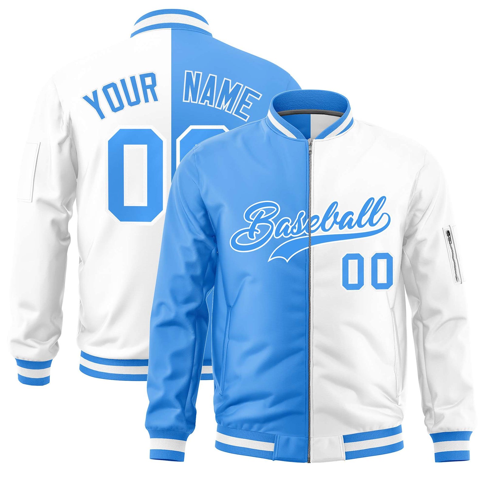 Custom Powder Blue White Split Varsity Full-Zip Two Tone Letterman Bomber Jacket