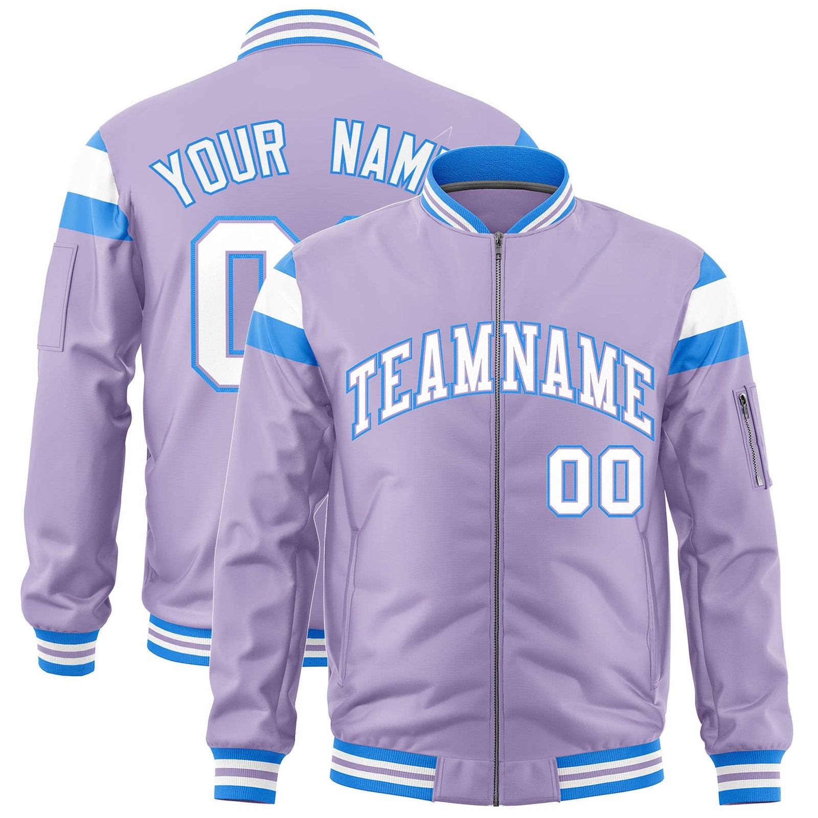 Custom Light Purple Powder Blue-White Varsity Full-Zip Shoulder Color Block Letterman Bomber Jacket