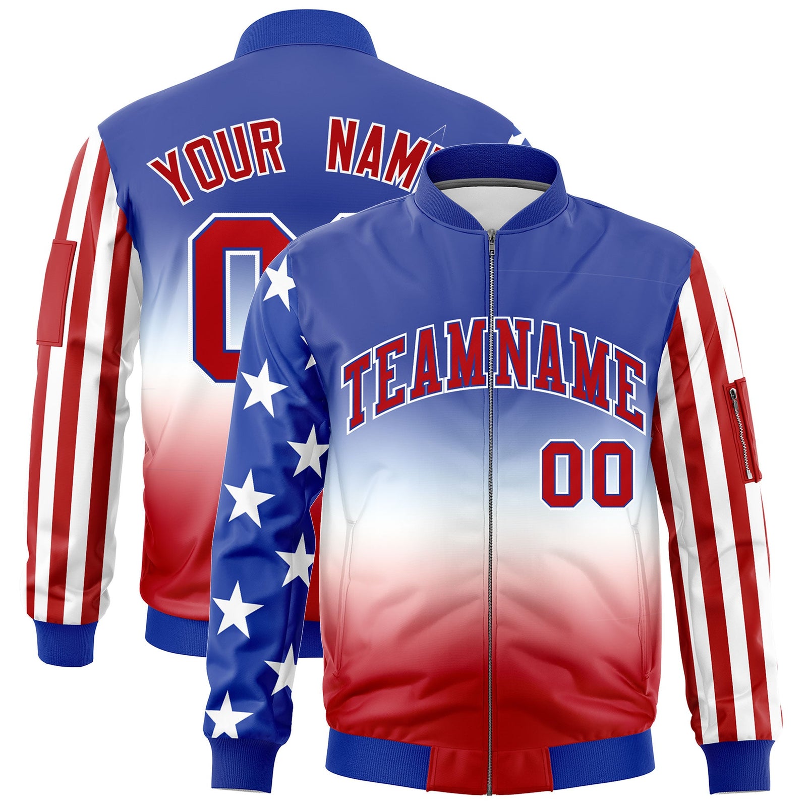 Custom Royal Blue White Red Independence Day Rising Stars Series Vertical Stripes Full Zip American Flag Stripe Fashion Wrinkle-Resistant Jacket| KXKSHOP