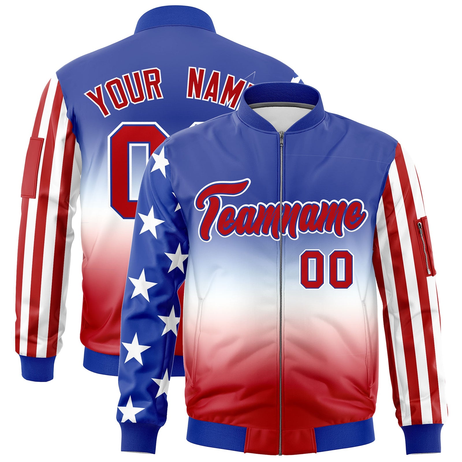 Custom Royal Blue White Red Independence Day Rising Stars Series Vertical Stripes Full Zip American Flag Stripe Fashion Wrinkle-Resistant Jacket| KXKSHOP