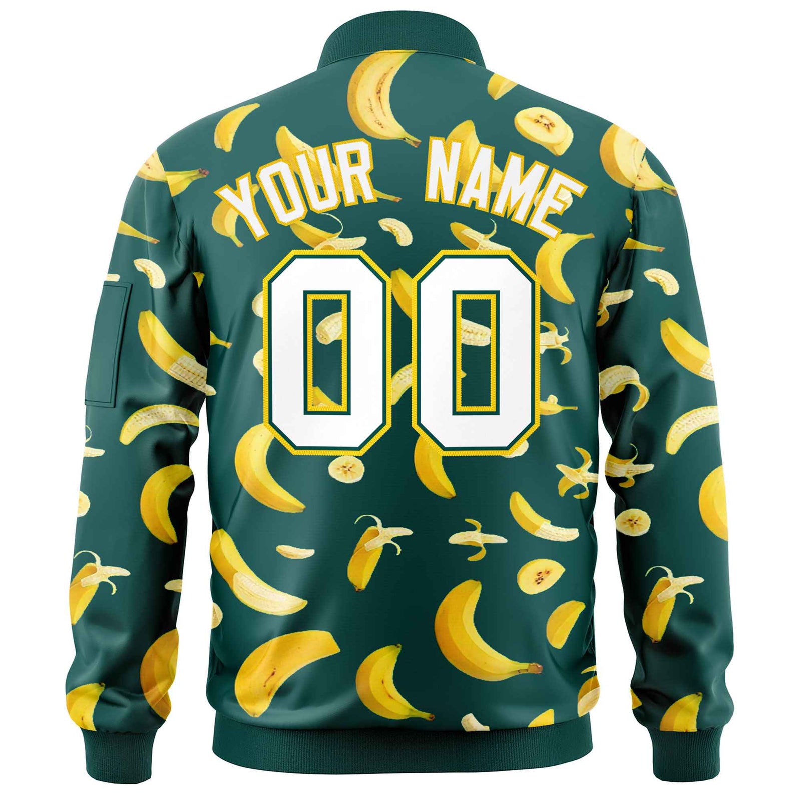 Custom Midnight Green Varsity Full-Zip Banana Pattern Letterman Bomber Jacket | Graffiti Pattern | Embroidery&Dye-sublimation printing | KXKSHOP