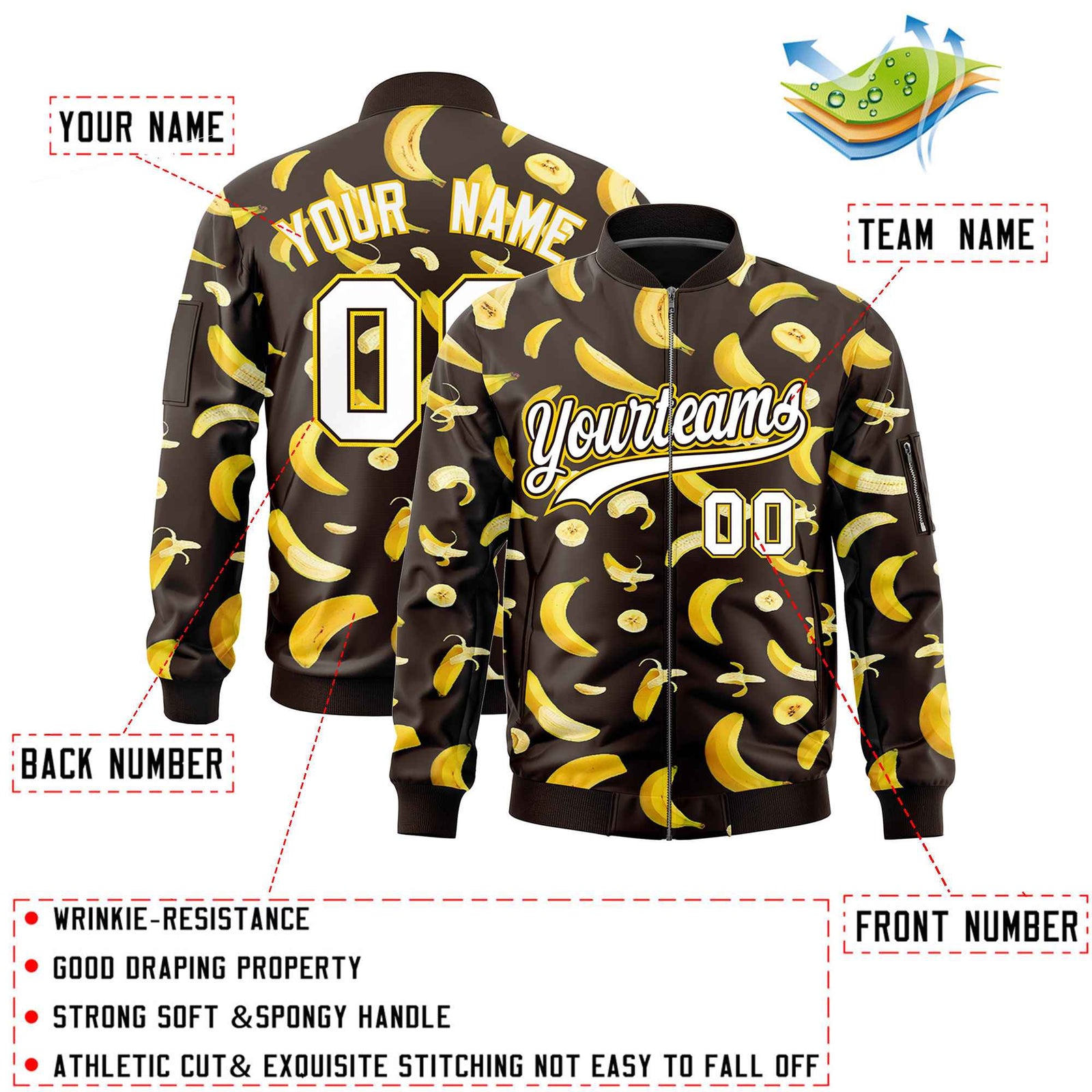 Custom Brown Varsity Full-Zip Banana Pattern Letterman Bomber Jacket | Graffiti Pattern | Embroidery&Dye-sublimation printing | KXKSHOP