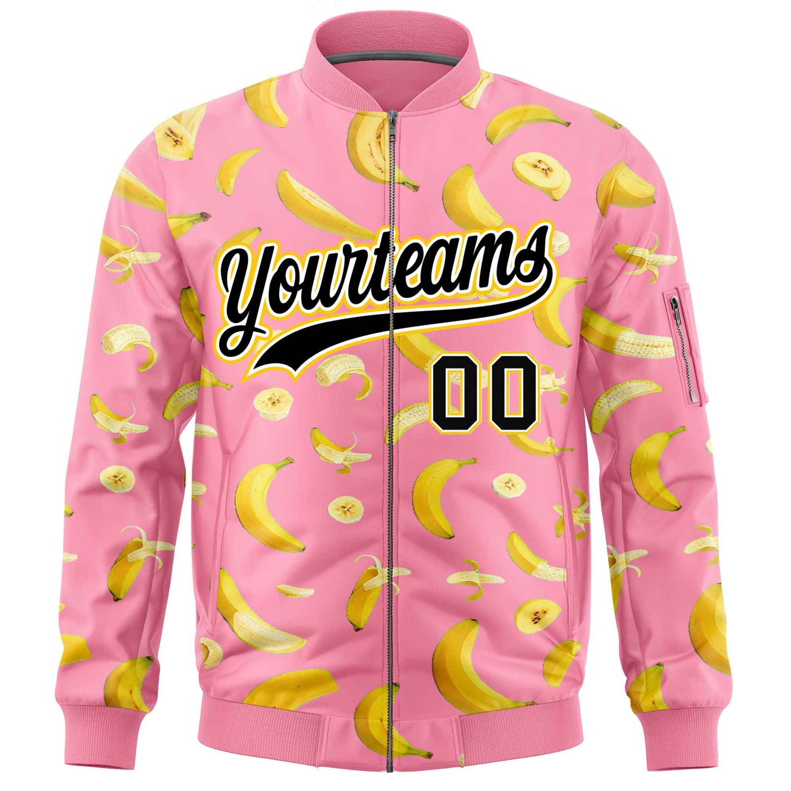 Custom Light Pink Varsity Full-Zip Banana Pattern Letterman Bomber Jacket | Graffiti Pattern | Embroidery&Dye-sublimation printing | KXKSHOP