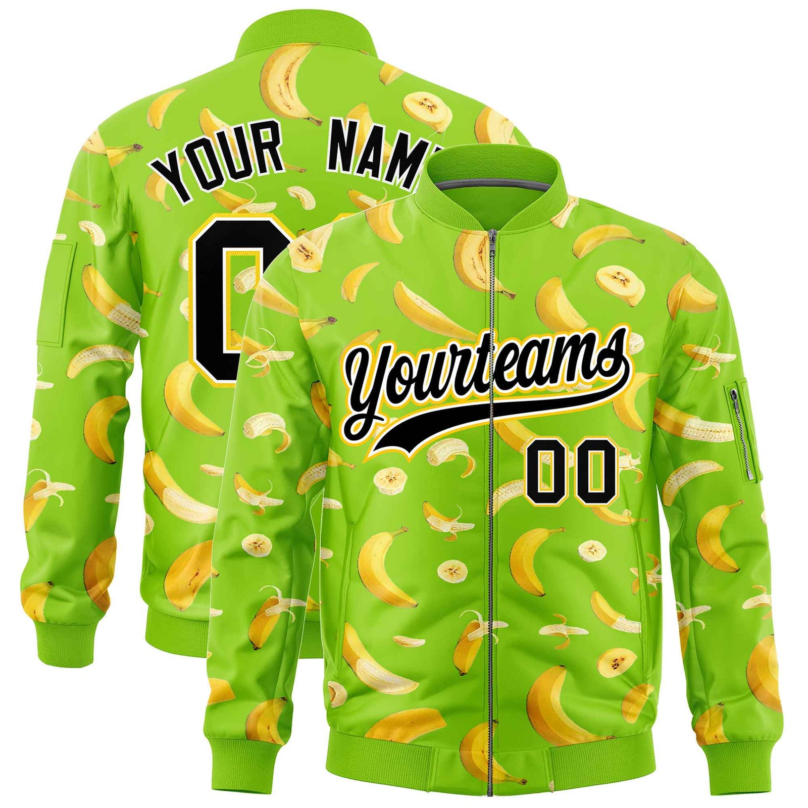 Custom Neon Green Varsity Full-Zip Banana Pattern Letterman Bomber Jacket | Graffiti Pattern | Embroidery&Dye-sublimation printing | KXKSHOP