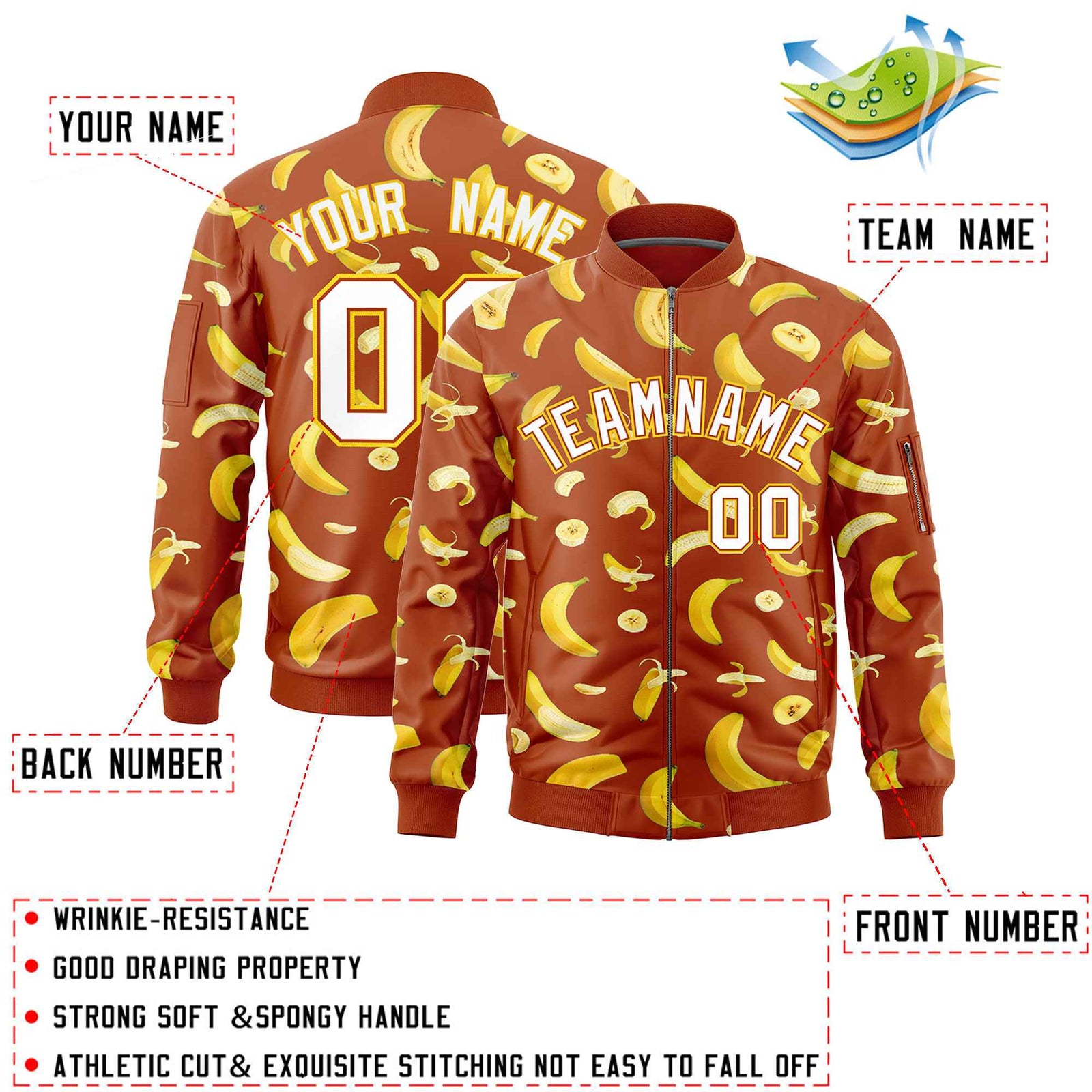Custom Dark Orange Varsity Full-Zip Banana Pattern Letterman Bomber Jacket | Graffiti Pattern | Embroidery&Dye-sublimation printing | KXKSHOP