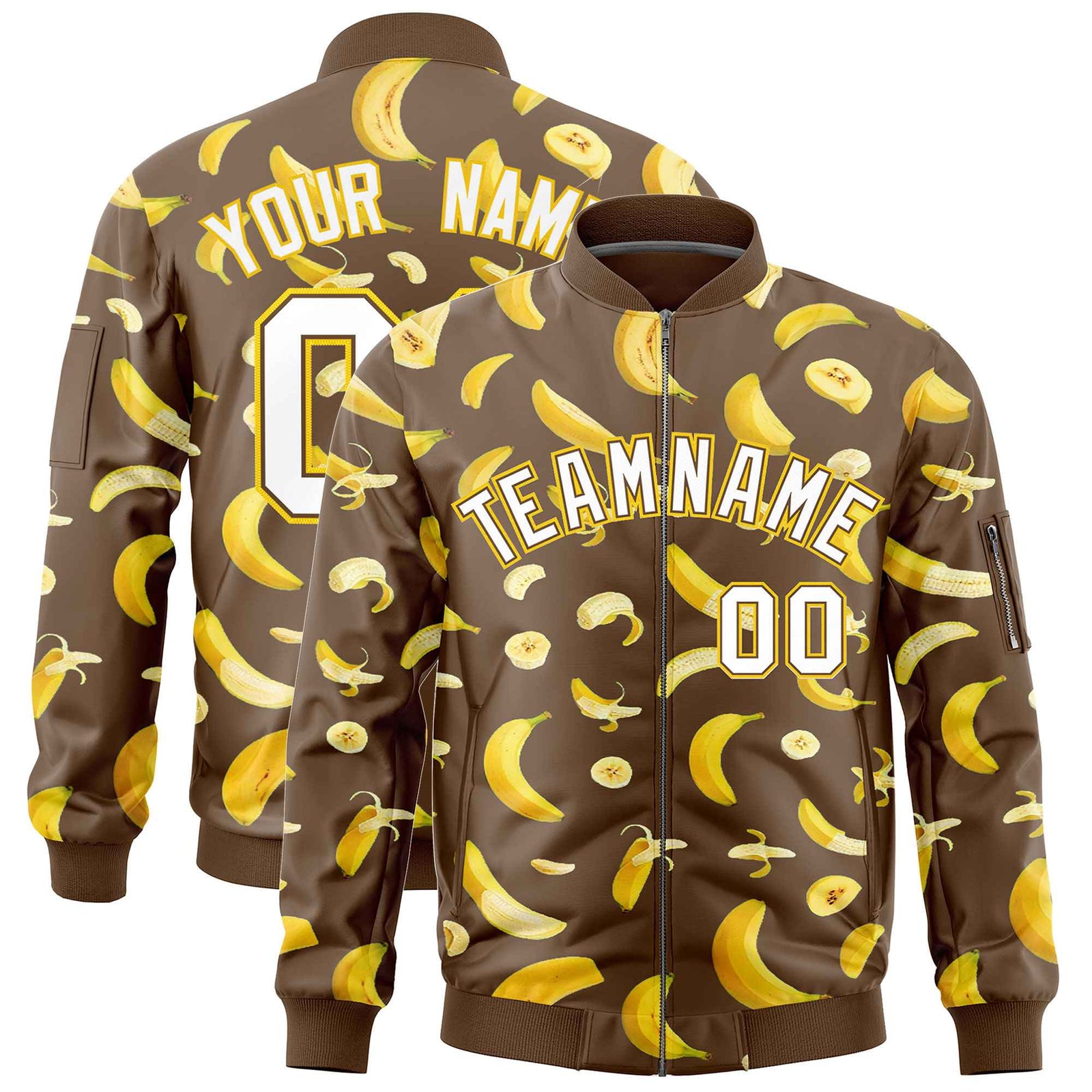 Custom Light Brown Varsity Full-Zip Banana Pattern Letterman Bomber Jacket | Graffiti Pattern | Embroidery&Dye-sublimation printing | KXKSHOP