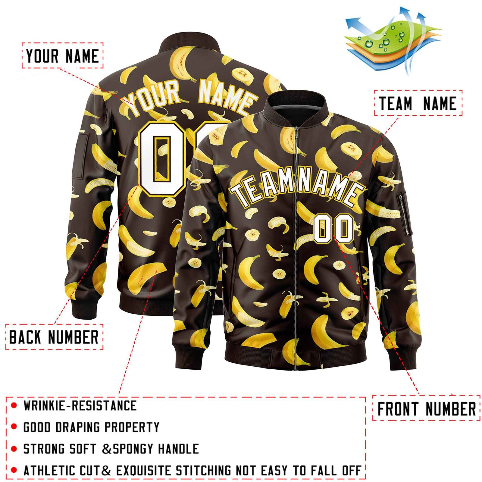Custom Brown Varsity Full-Zip Banana Pattern Letterman Bomber Jacket | Graffiti Pattern | Embroidery&Dye-sublimation printing | KXKSHOP
