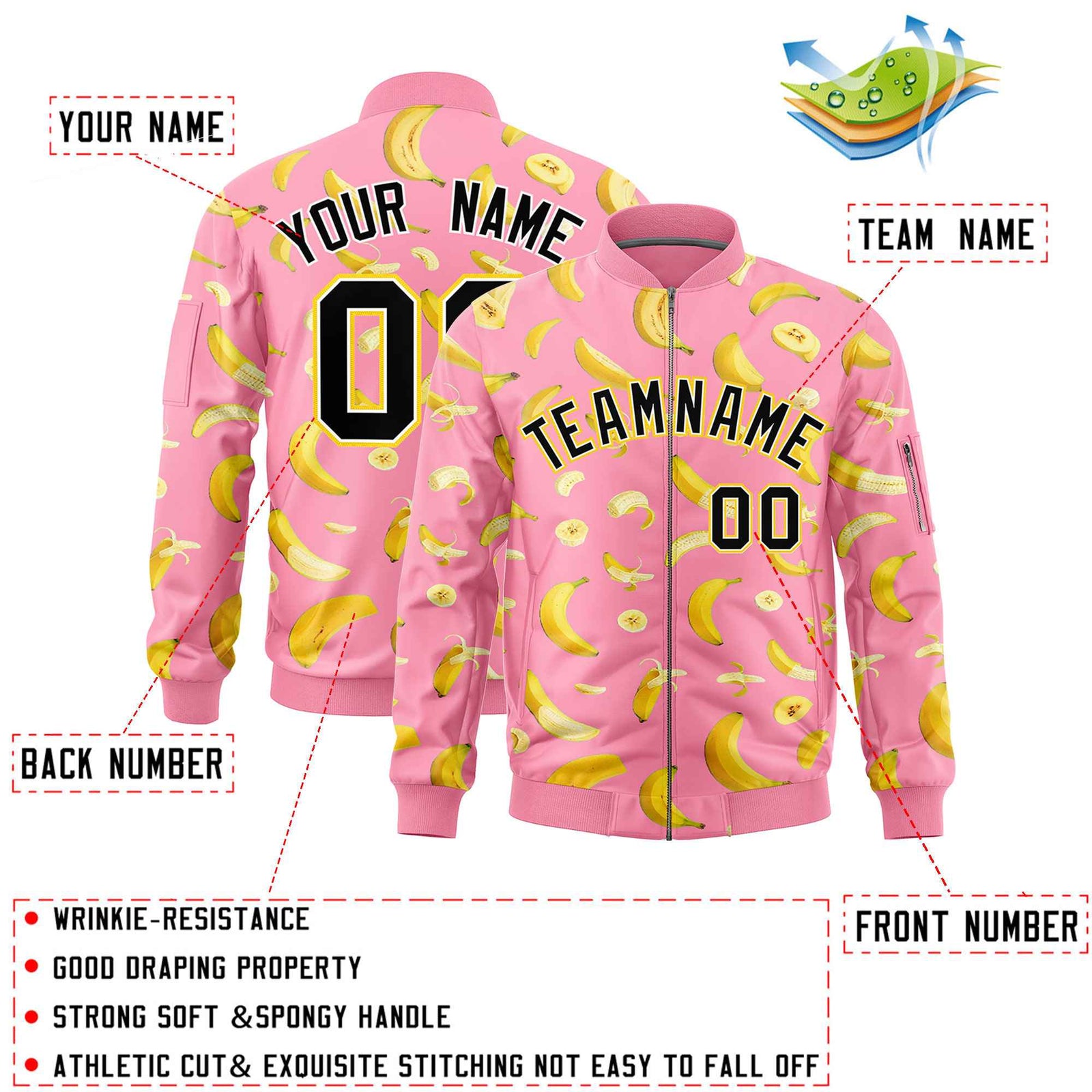 Custom Light Pink Varsity Full-Zip Banana Pattern Letterman Bomber Jacket | Graffiti Pattern | Embroidery&Dye-sublimation printing | KXKSHOP