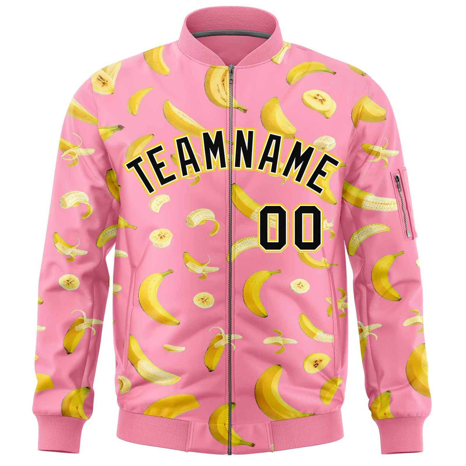 Custom Light Pink Varsity Full-Zip Banana Pattern Letterman Bomber Jacket | Graffiti Pattern | Embroidery&Dye-sublimation printing | KXKSHOP