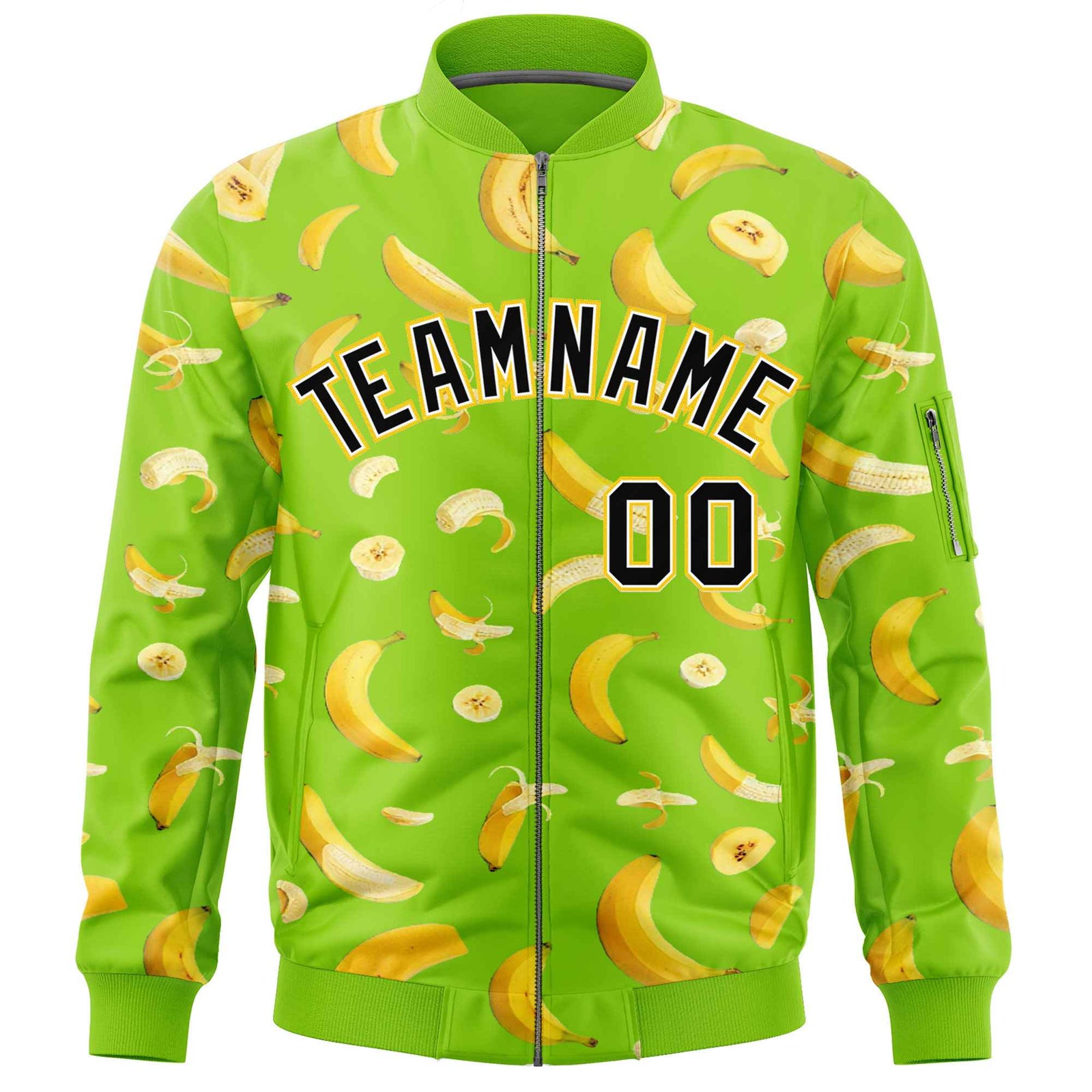 Custom Neon Green Varsity Full-Zip Banana Pattern Letterman Bomber Jacket | Graffiti Pattern | Embroidery&Dye-sublimation printing | KXKSHOP
