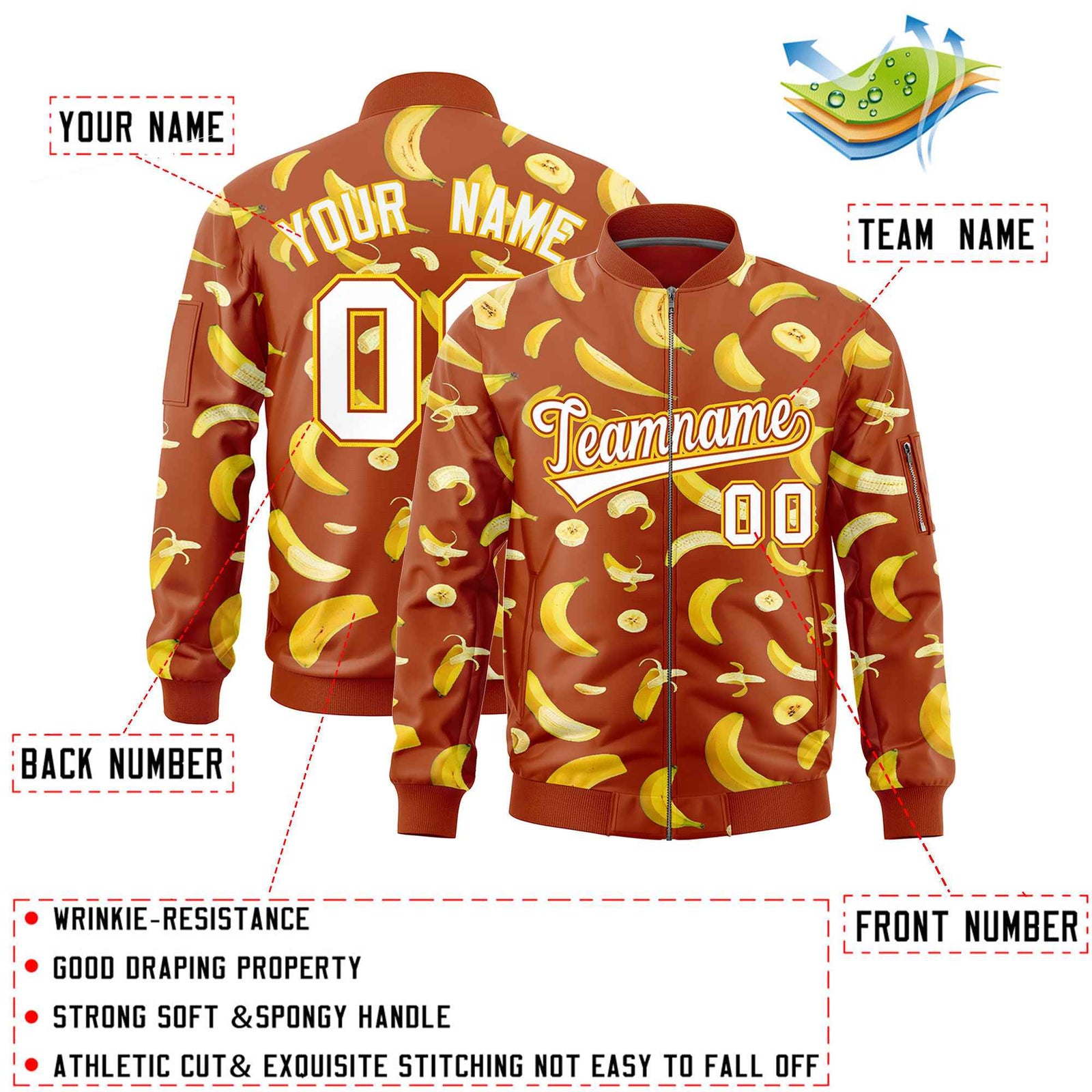 Custom Dark Orange Varsity Full-Zip Banana Pattern Letterman Bomber Jacket | Graffiti Pattern | Embroidery&Dye-sublimation printing | KXKSHOP