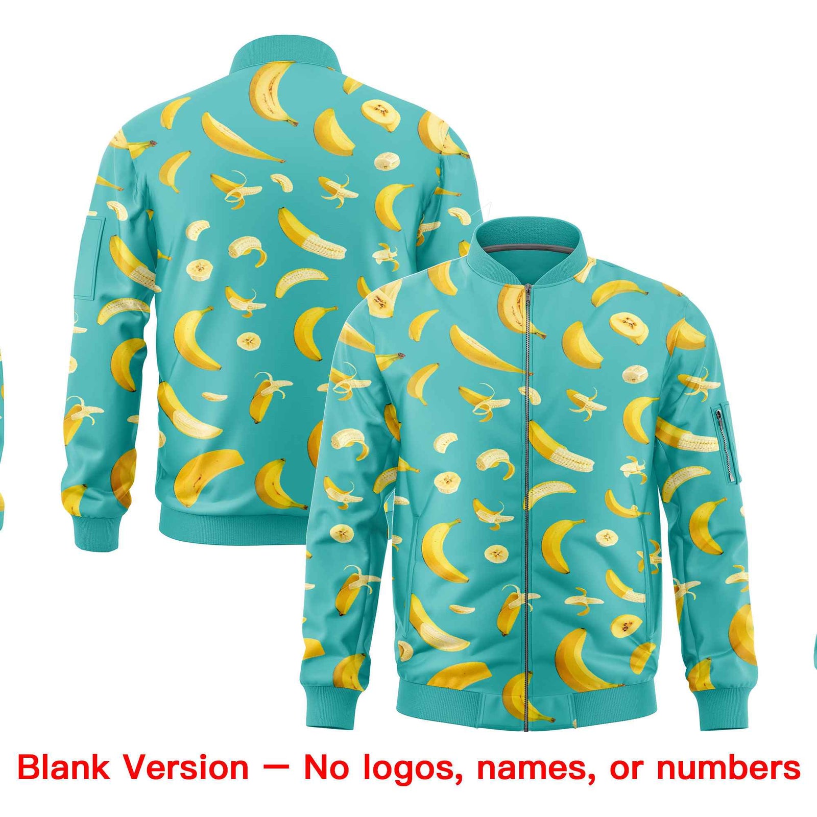 Custom Teal Varsity Full-Zip Banana Pattern Letterman Bomber Jacket | Graffiti Pattern | Embroidery&Dye-sublimation printing | KXKSHOP
