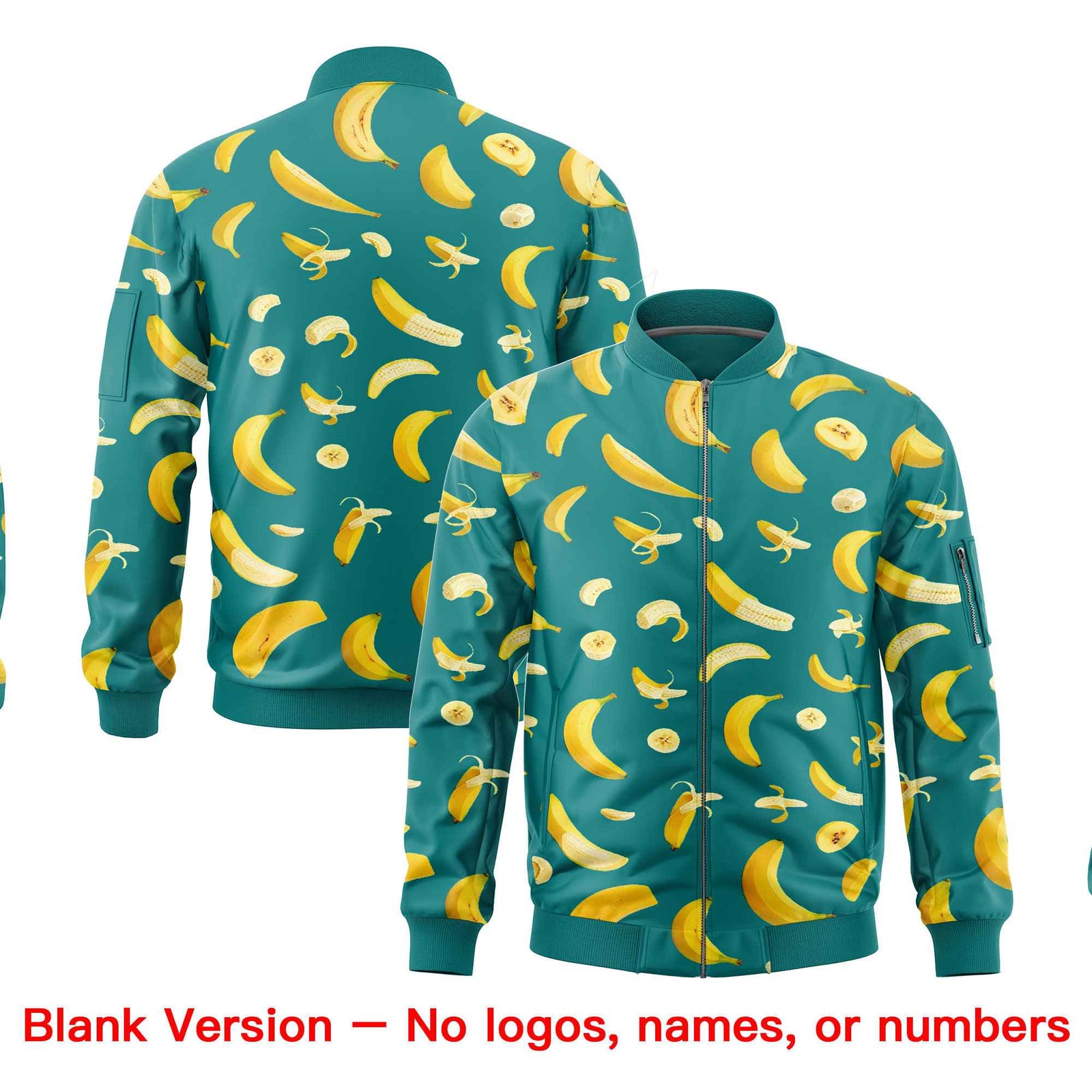 Custom Teal Varsity Full-Zip Banana Pattern Letterman Bomber Jacket | Graffiti Pattern | Embroidery&Dye-sublimation printing | KXKSHOP