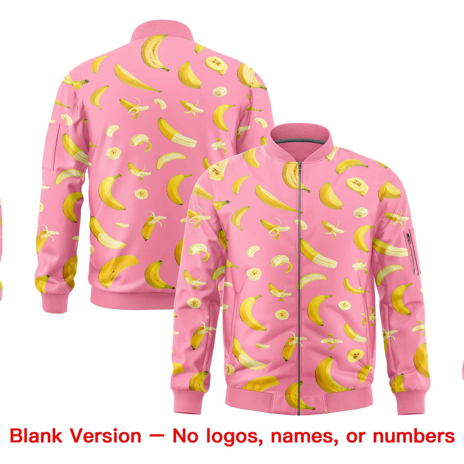 Custom Light Pink Varsity Full-Zip Banana Pattern Letterman Bomber Jacket | Graffiti Pattern | Embroidery&Dye-sublimation printing | KXKSHOP