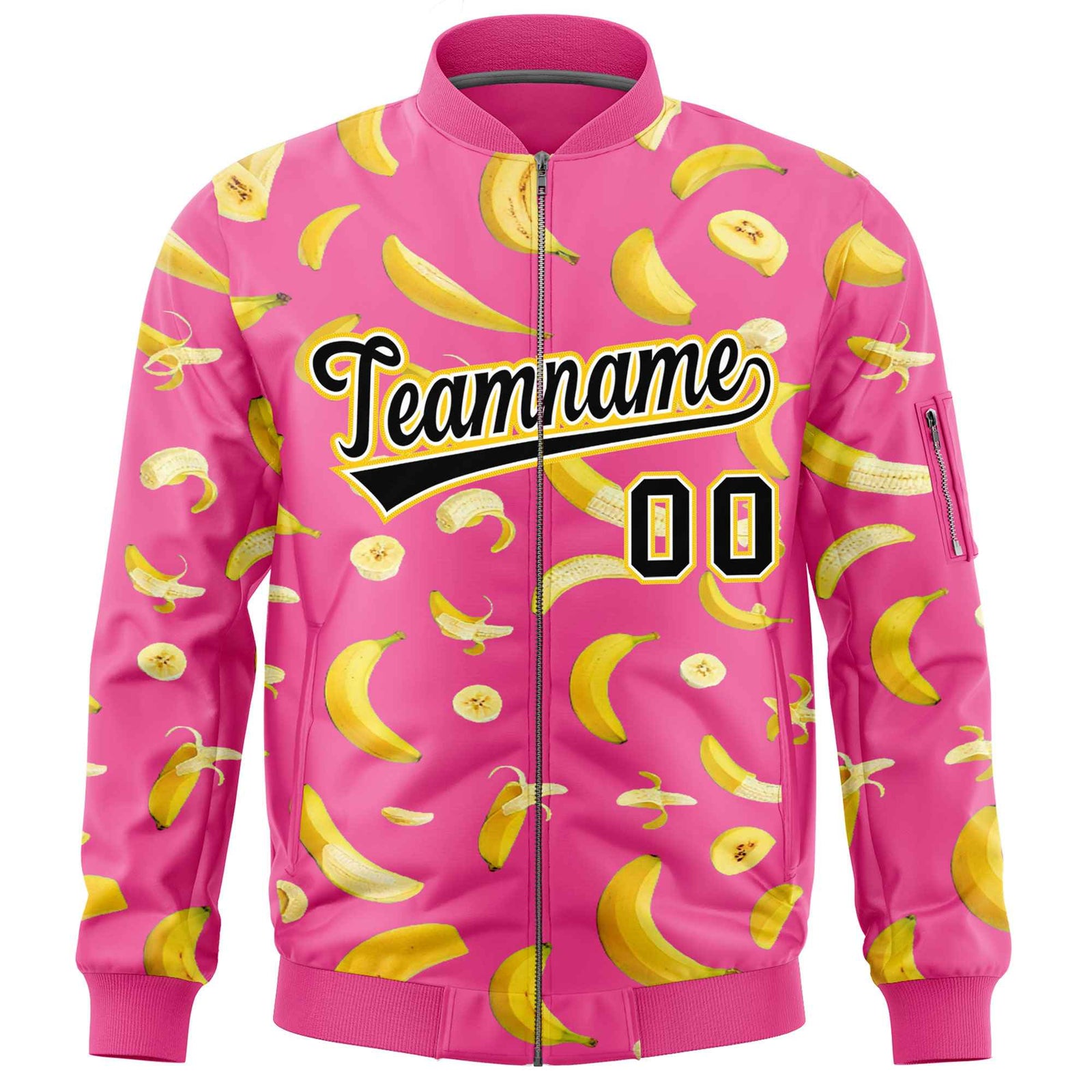 Custom Pink Varsity Full-Zip Banana Pattern Letterman Bomber Jacket | Graffiti Pattern | Embroidery&Dye-sublimation printing | KXKSHOP