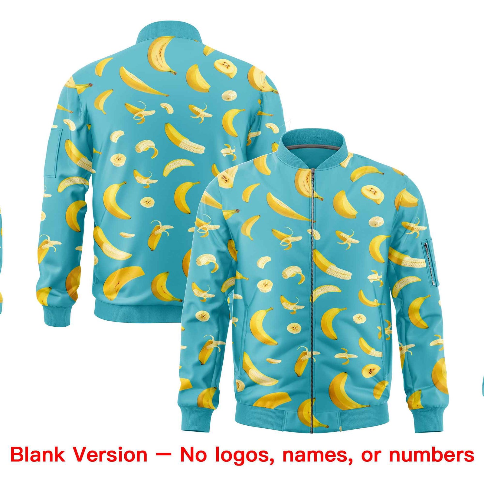 Custom Sky Blue Varsity Full-Zip Banana Pattern Letterman Bomber Jacket | Graffiti Pattern | Embroidery&Dye-sublimation printing | KXKSHOP