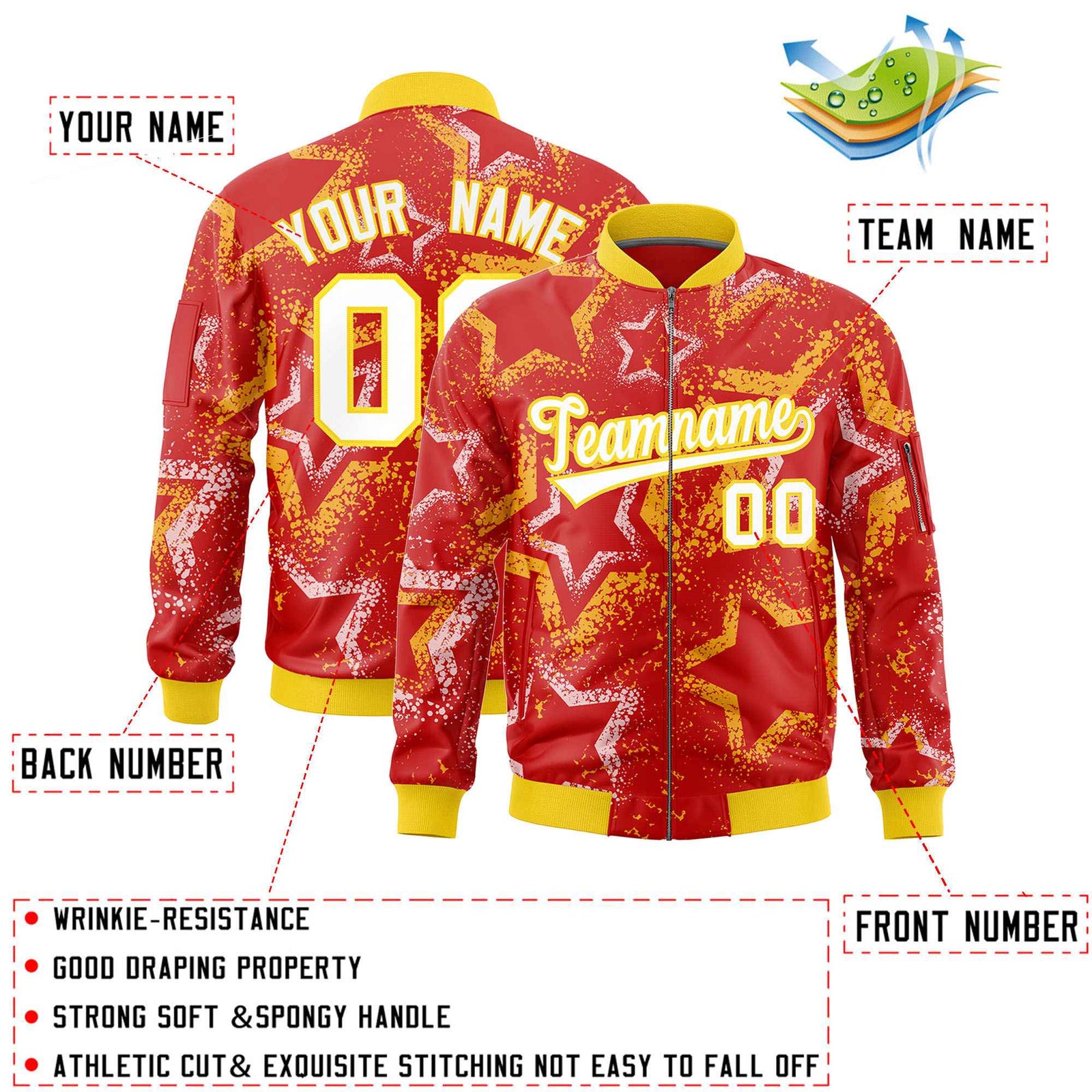 Custom Red Varsity Full-Zip Star Pattern Letterman Bomber Jacket