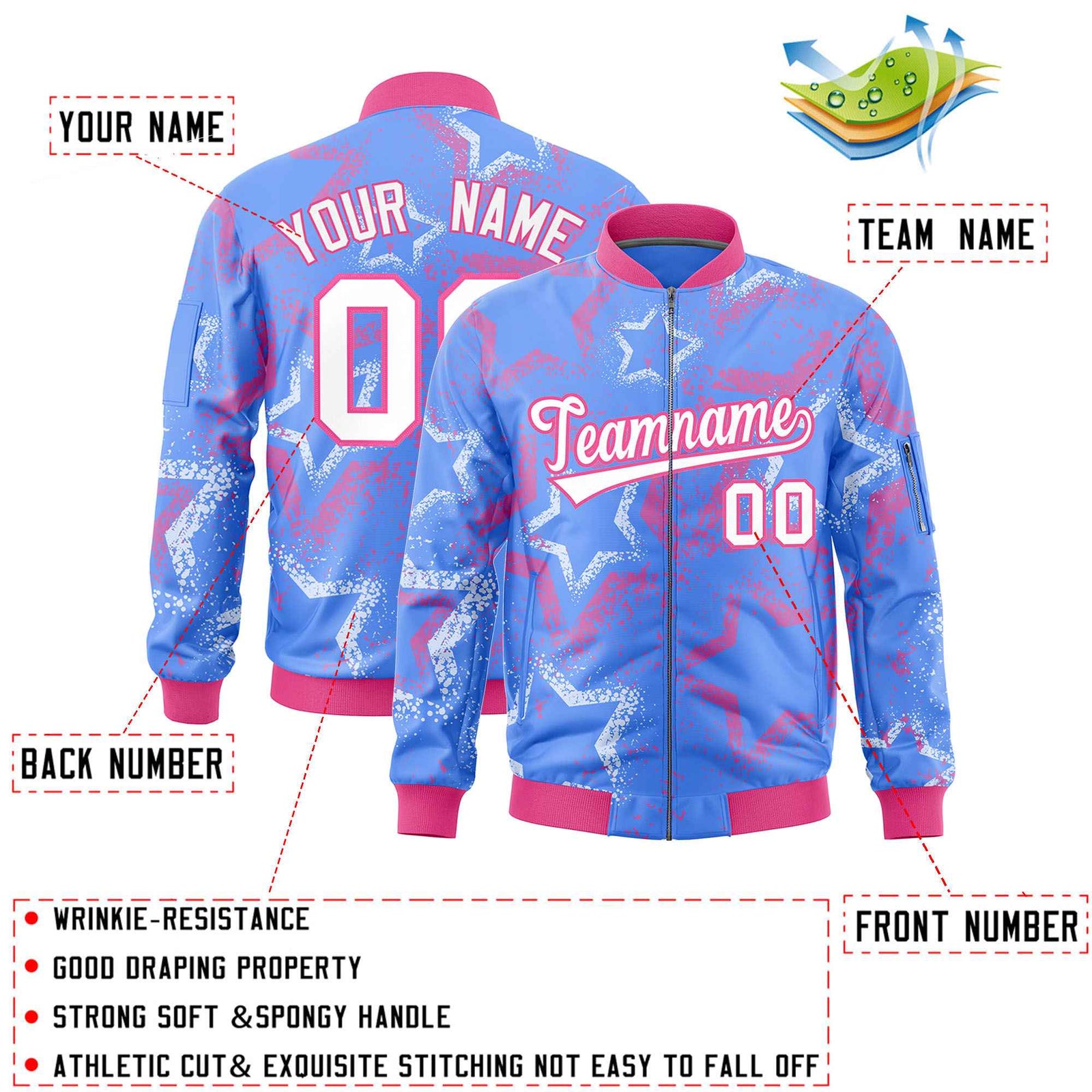 Custom Powder Blue Varsity Full-Zip Star Pattern Letterman Bomber Jacket