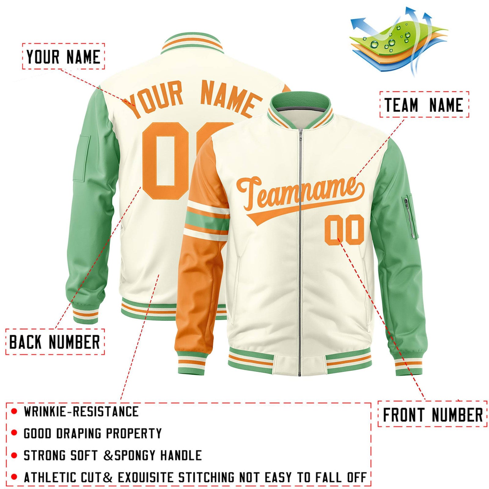 Custom Cream Orange-Green Varsity Full-Zip Raglan Sleeves Stripe Letterman Bomber Jacket