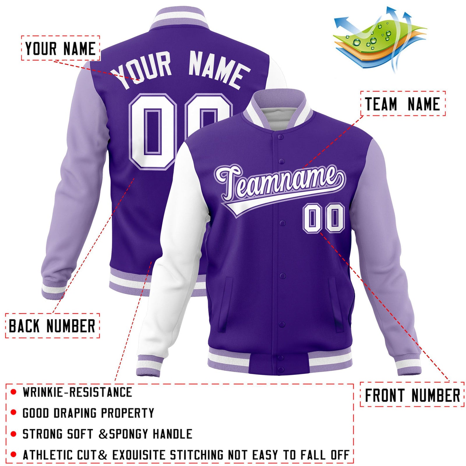 Custom Purple Light Purple-White Raglan Sleeves Varsity Full-Snap Letterman Jacket