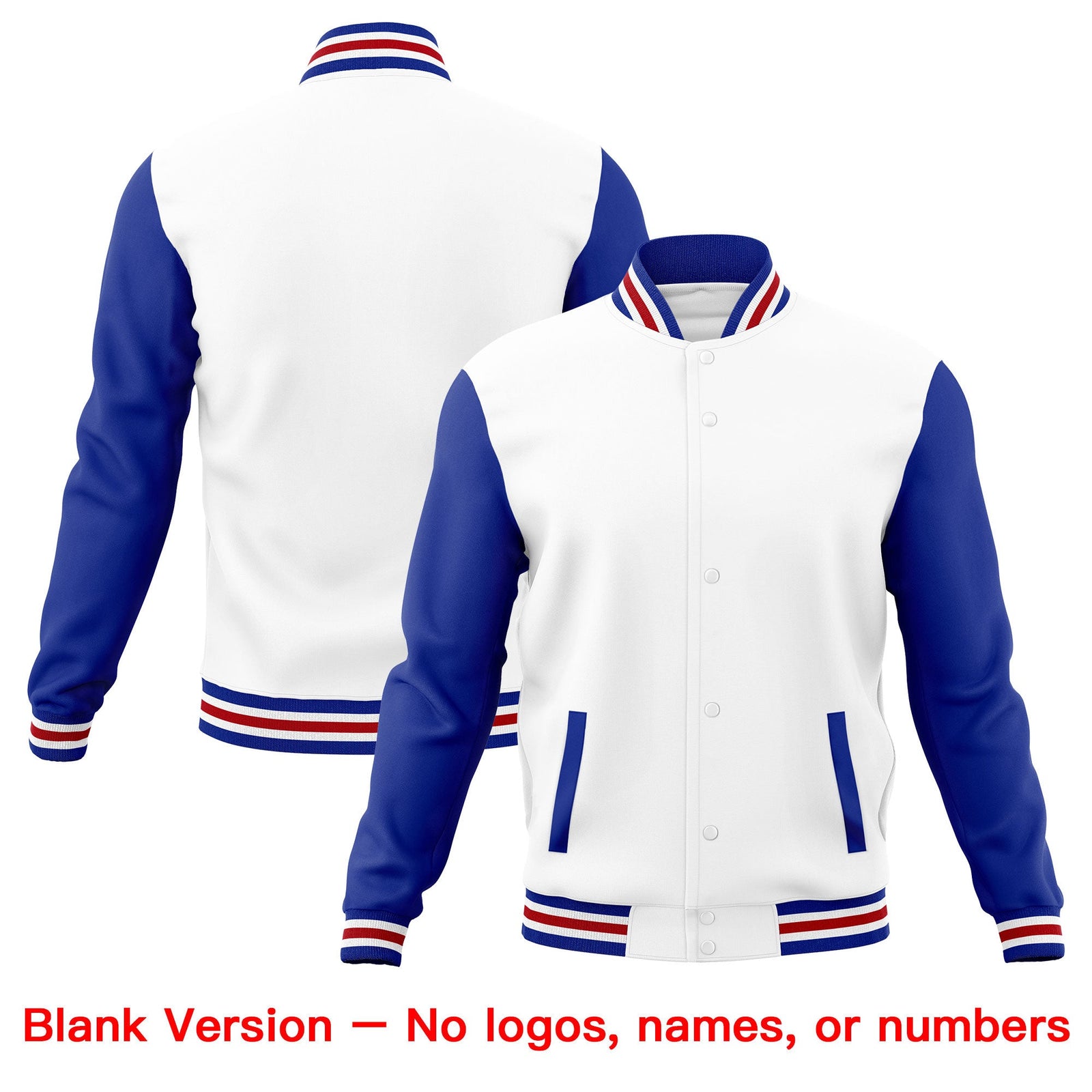 Custom Royal Blue White Red Raglan Sleeves Full-Snap Letterman Cotton Fabric Jacket| KXKSHOP