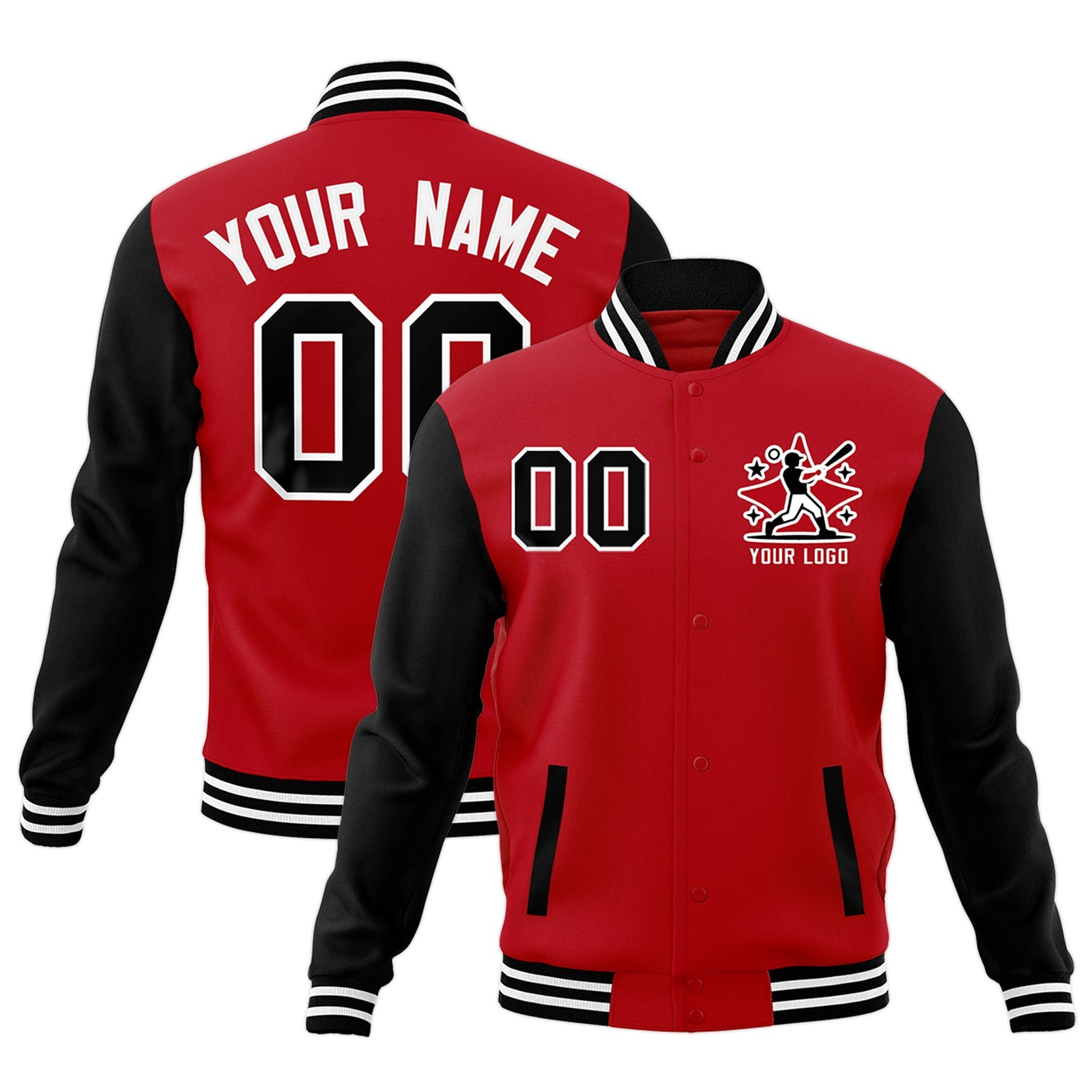 Custom Black Red White Raglan Sleeves Full-Snap Letterman Cotton Fabric Jacket| KXKSHOP