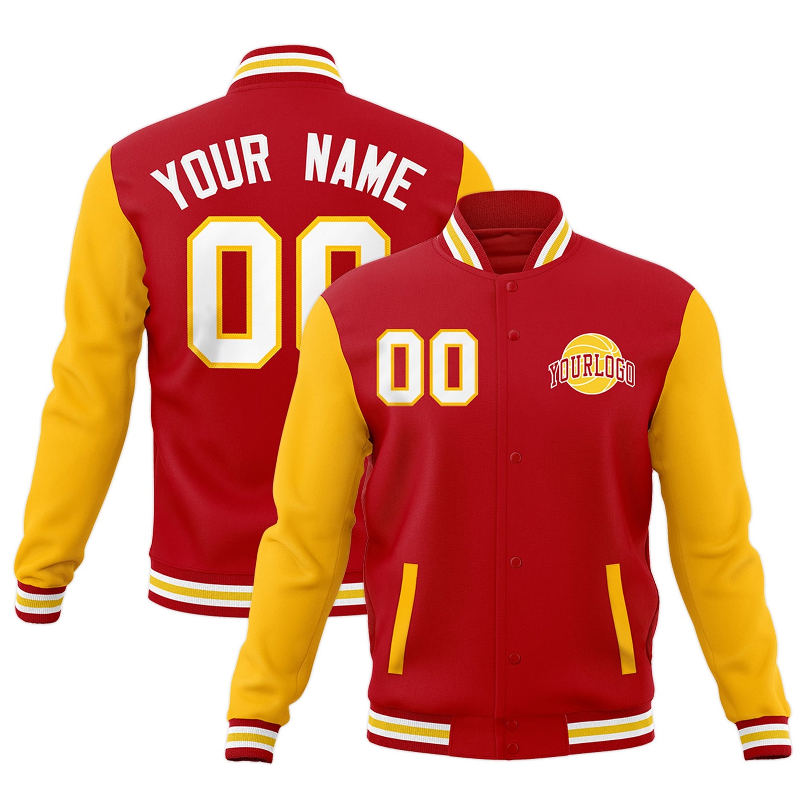Custom Red White Gold Raglan Sleeves Classic Style Letterman Cotton Fabric Jacket| KXKSHOP