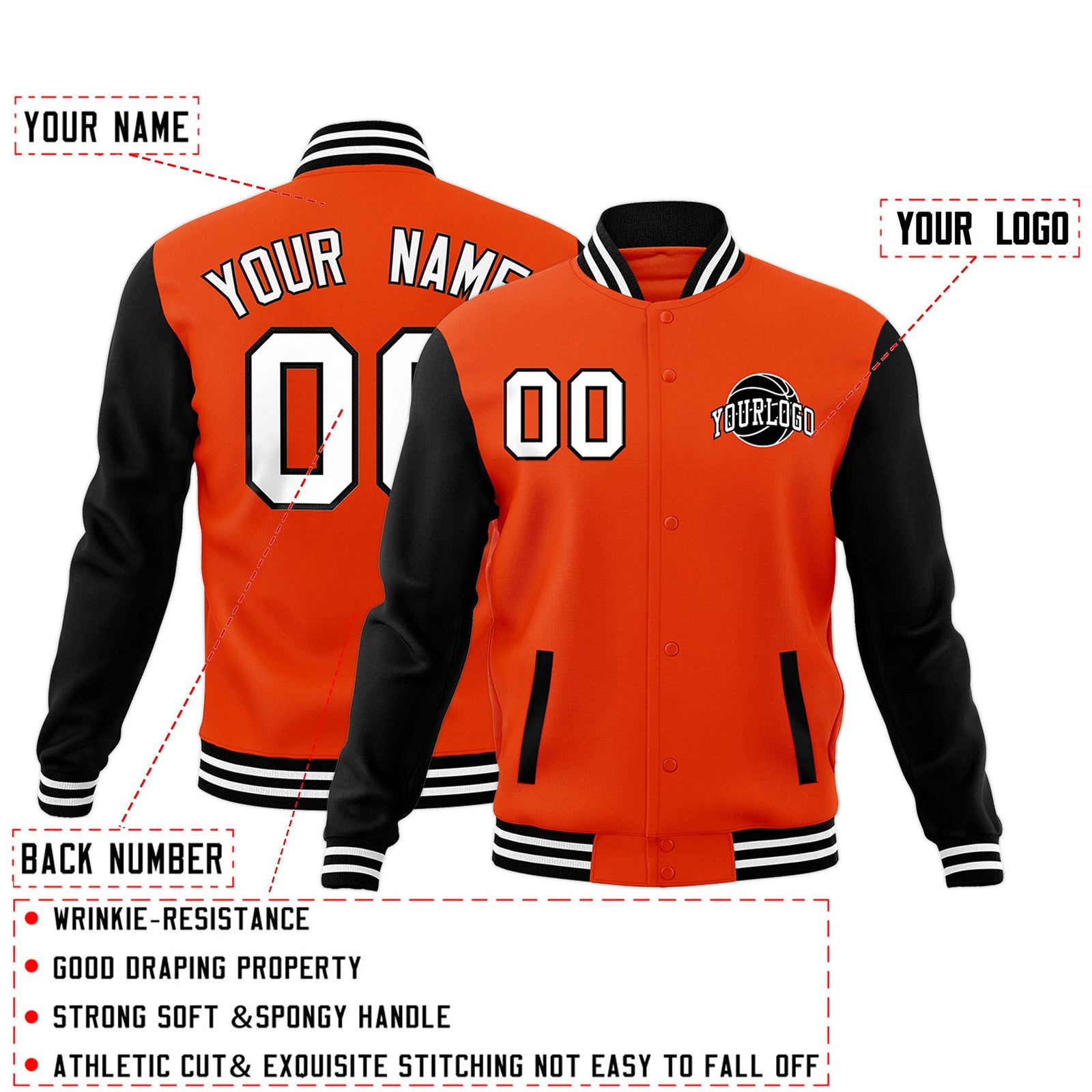 Custom Orange Black White Raglan Sleeves Classic Style Letterman Cotton Fabric Jacket| KXKSHOP