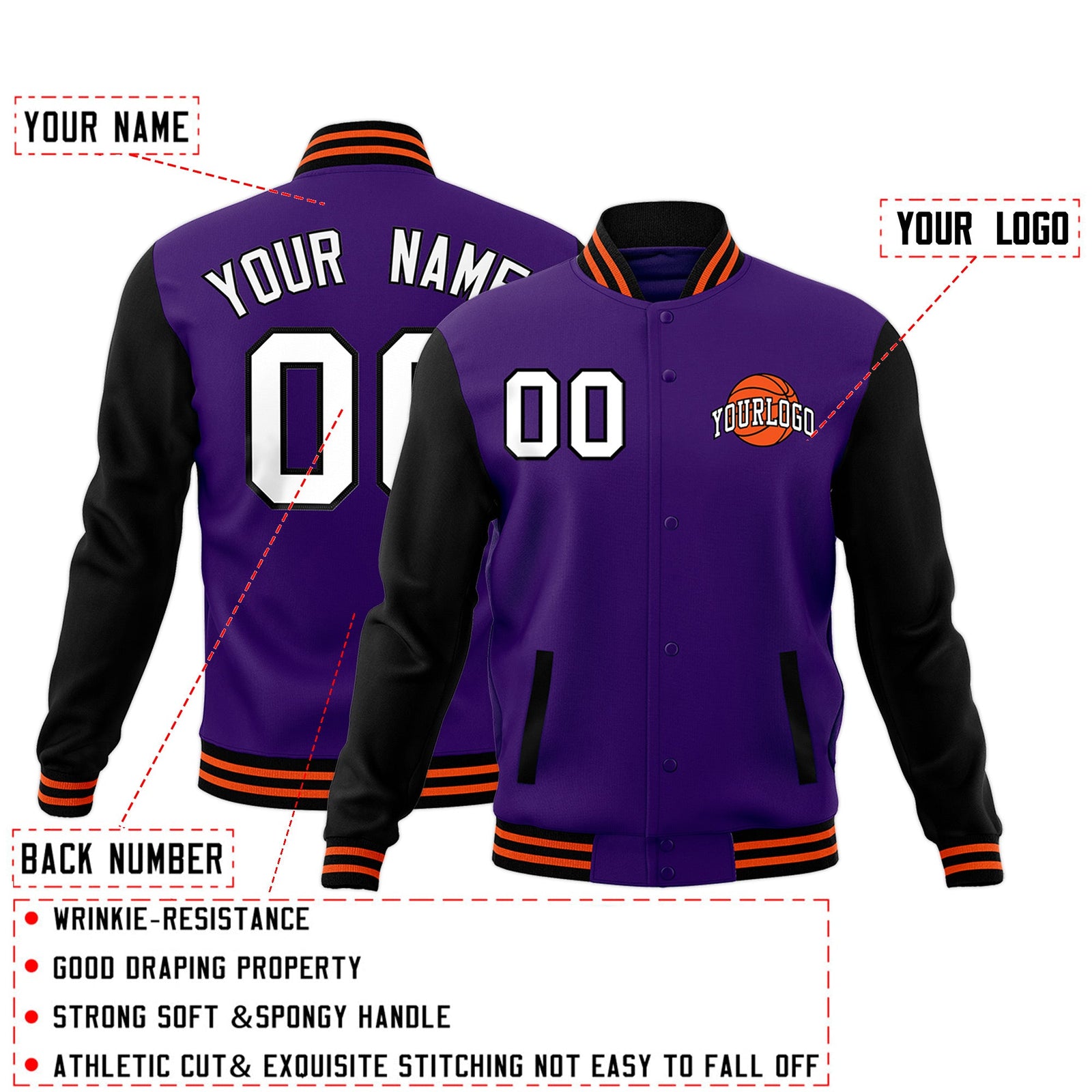 Custom Purple Black Orange Raglan Sleeves Classic Style Letterman Cotton Fabric Jacket| KXKSHOP