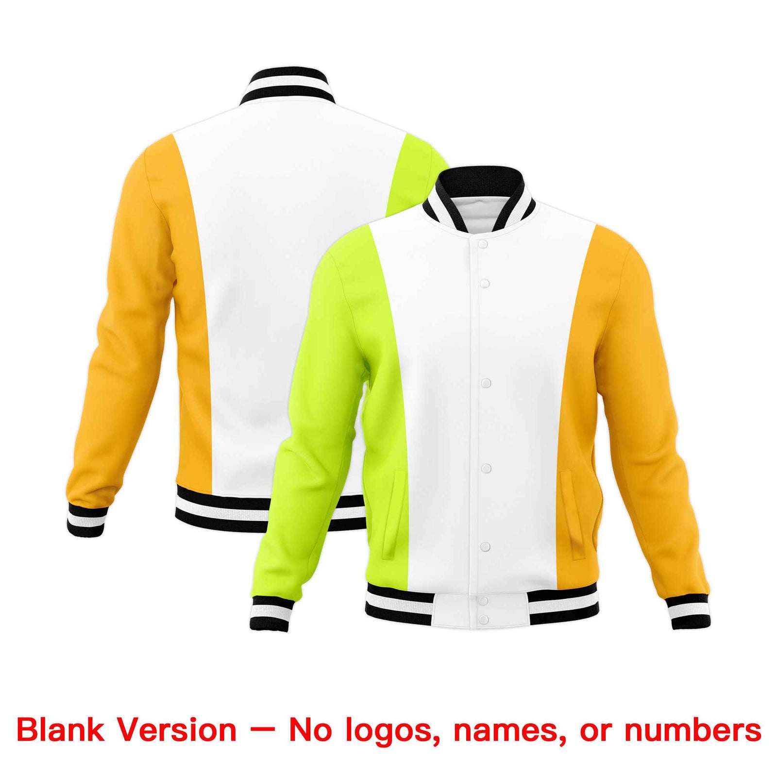Custom White Fluorescent Green Yellow Personalization Varsity Full-Snap Three Color Blocks Letterman Jacket
