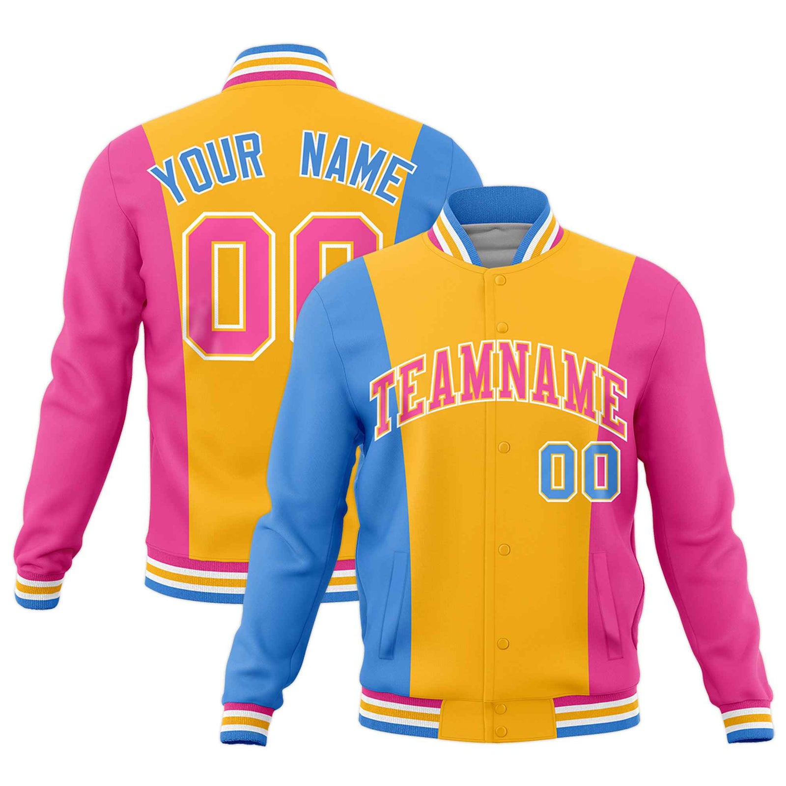 Custom Yellow Powder Blue Pink Personalization Varsity Full-Snap Three Color Blocks Letterman Jacket