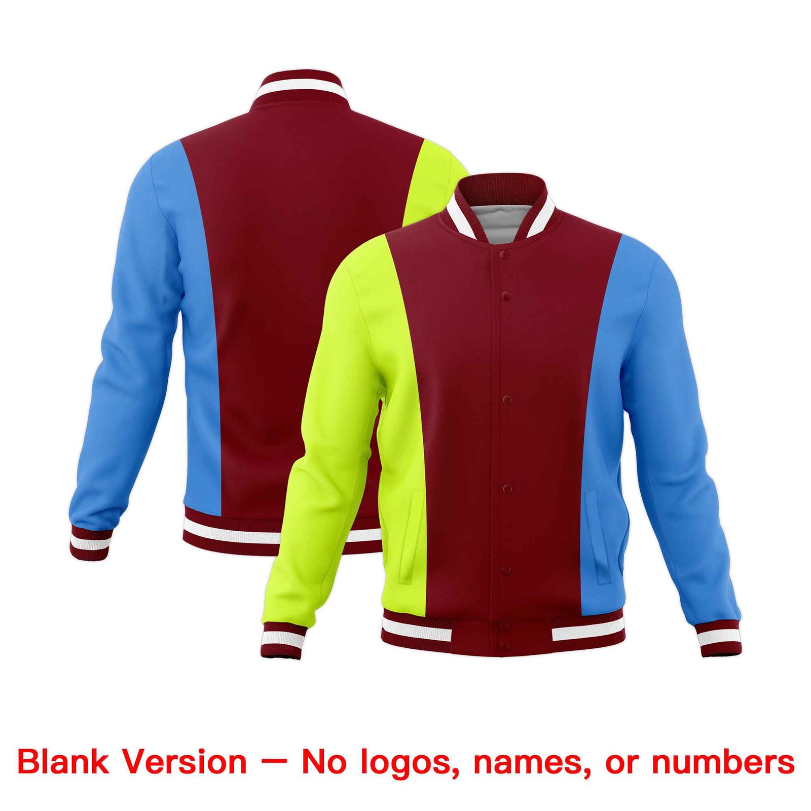 Custom Crimson Fluorescent Green Powder Blue Personalization Varsity Full-Snap Three Color Blocks Letterman Jacket