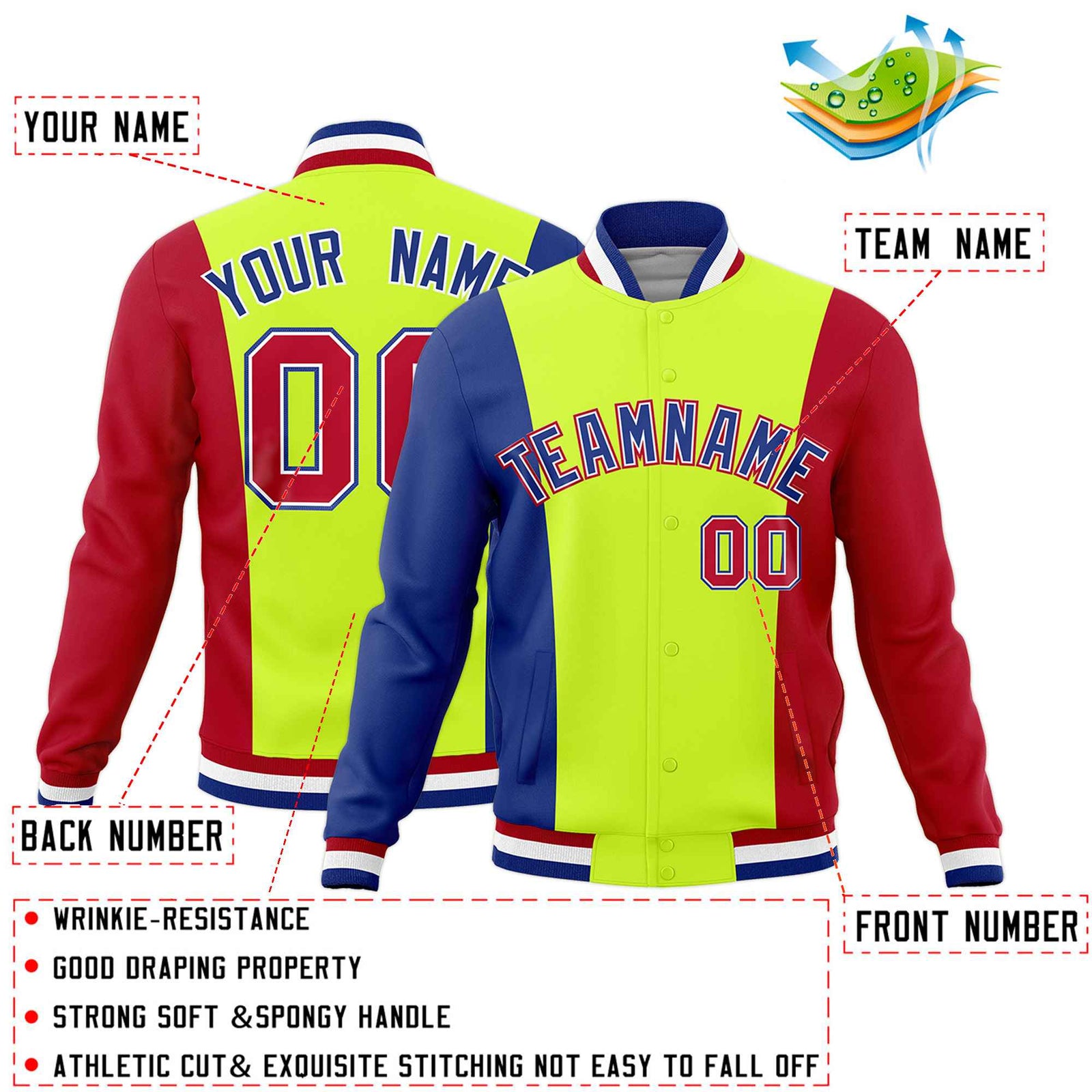 Custom Fluorescent Green Royal Blue Red Personalization Varsity Full-Snap Three Color Blocks Letterman Jacket