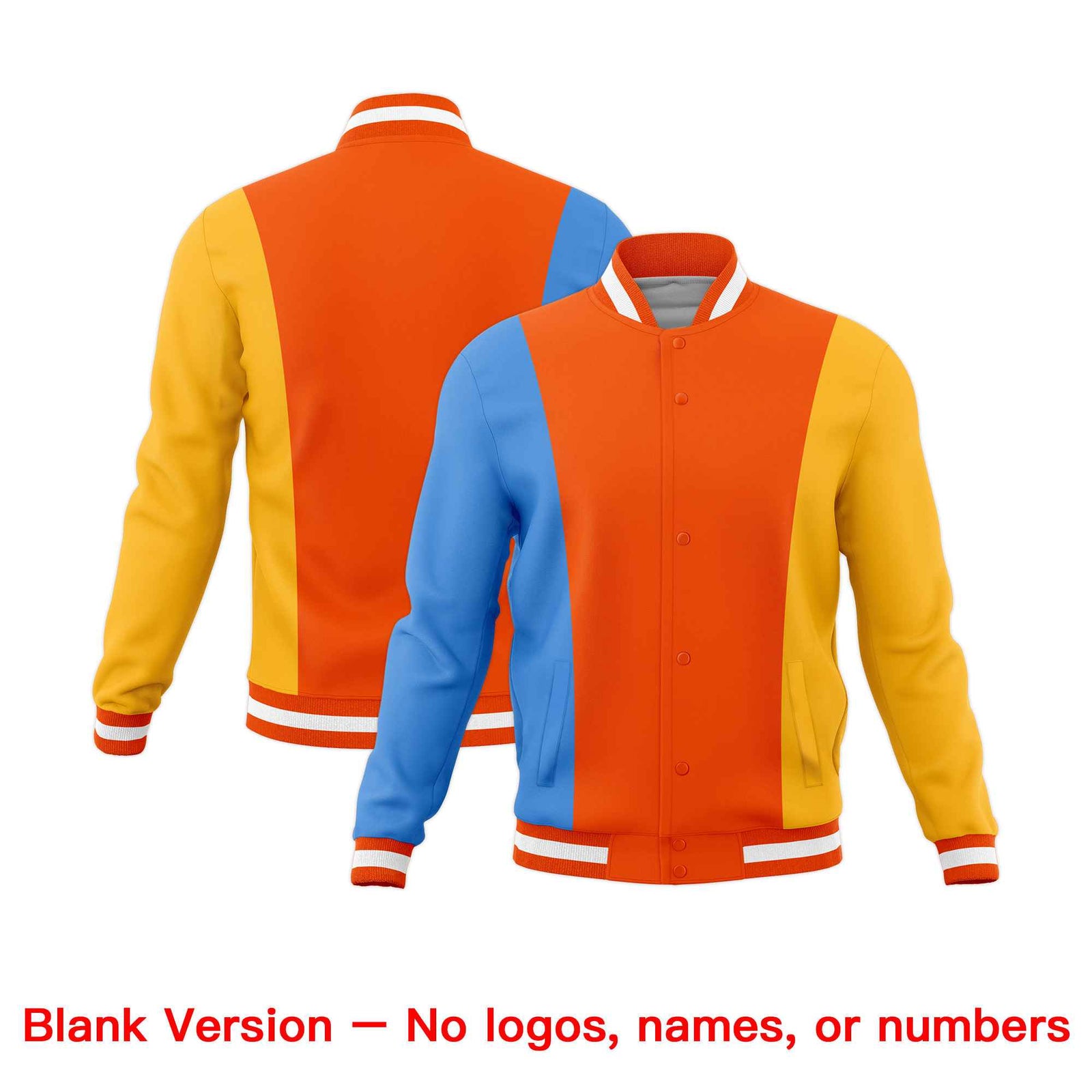 Custom Powder Blue Orange Yellow Personalization Varsity Full-Snap Three Color Blocks Letterman Jacket