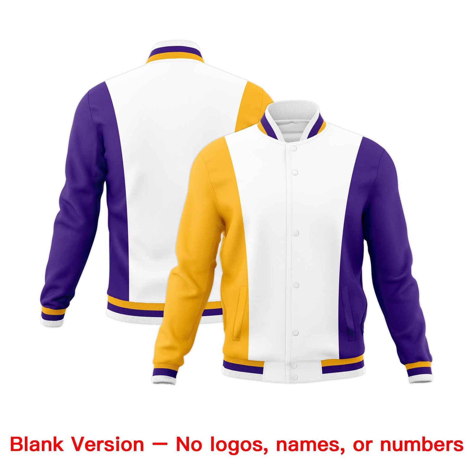 Custom White Yellow Purple Personalization Varsity Full-Snap Three Color Blocks Letterman Jacket| KXKSHOP