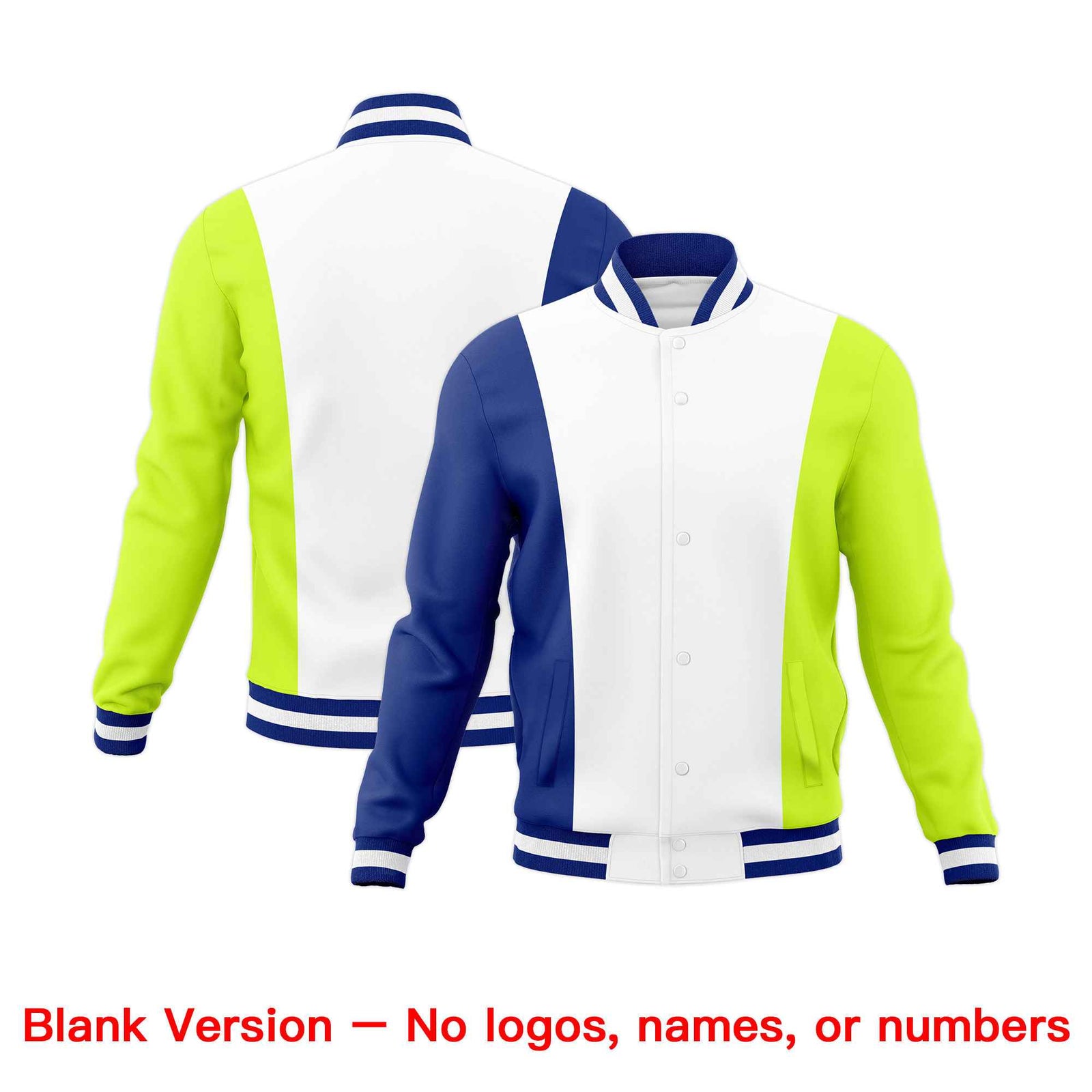 Custom White Royal Blue Fluorescent Green Personalization Varsity Full-Snap Three Color Blocks Letterman Jacket| KXKSHOP