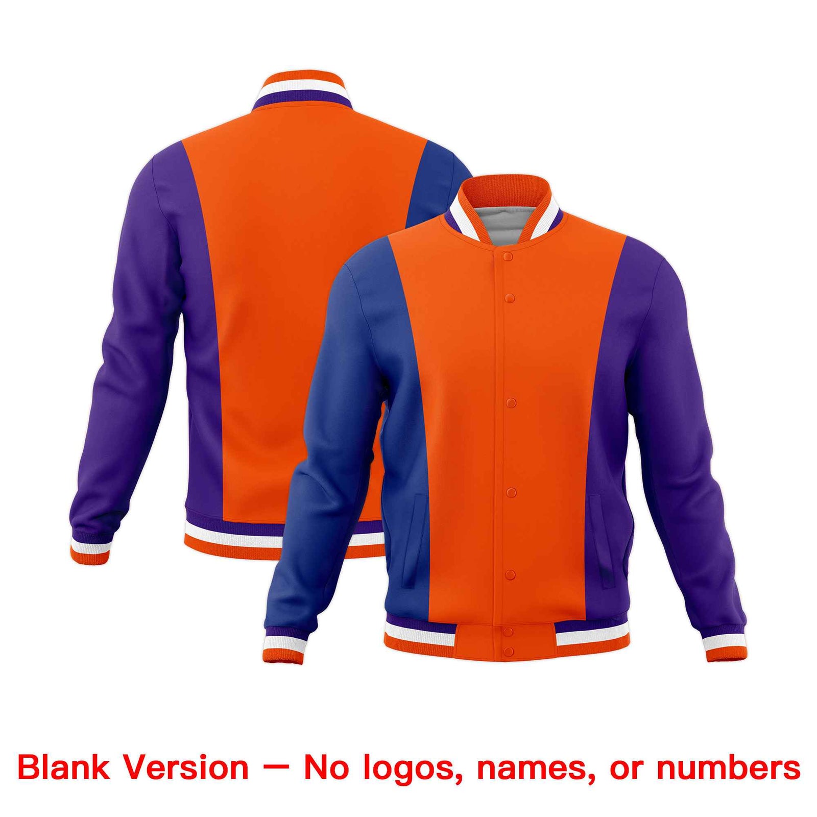 Custom Orange Royal Blue Purple Personalization Varsity Full-Snap Three Color Blocks Letterman Jacket| KXKSHOP