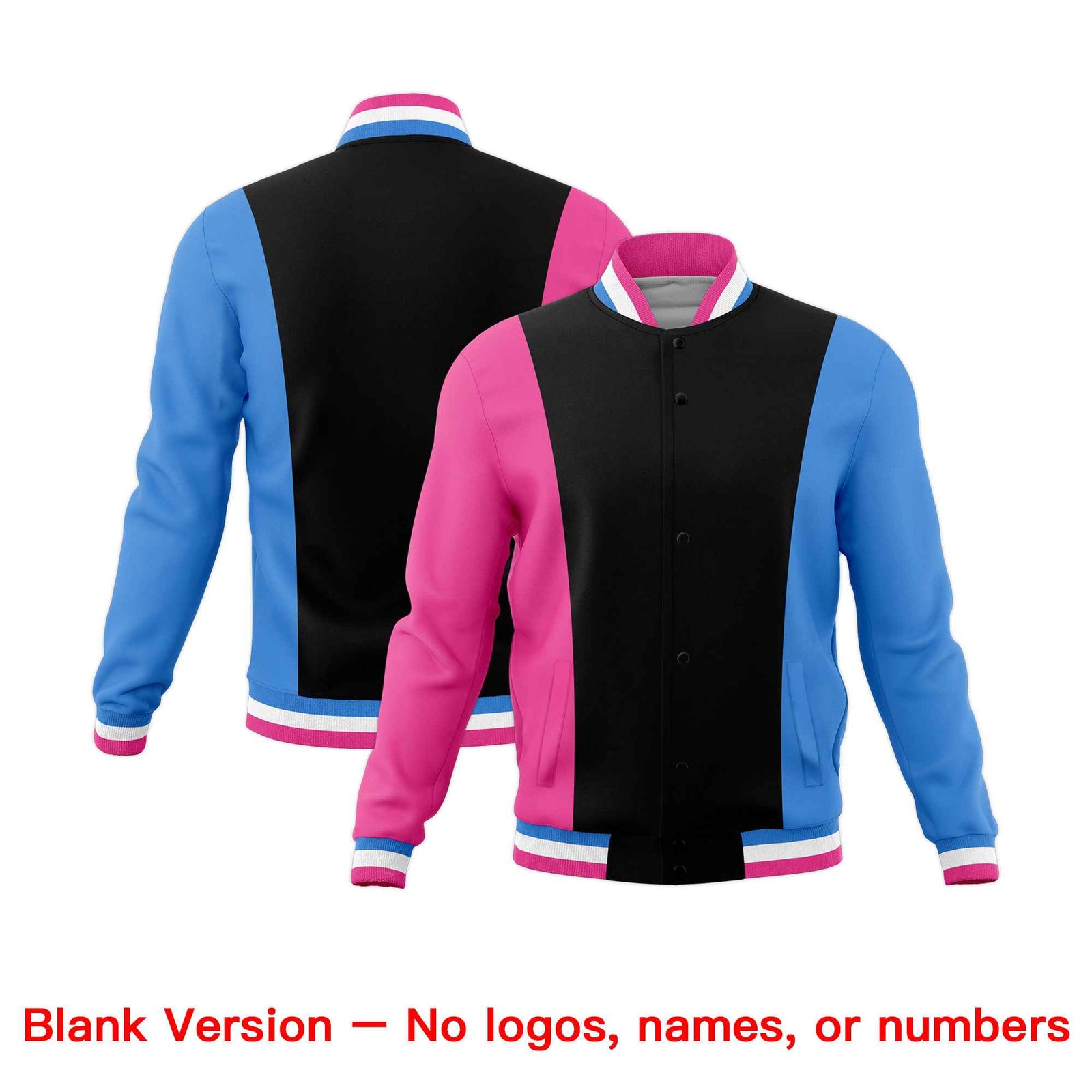 Custom Black Pink Powder Blue Personalization Varsity Full-Snap Three Color Blocks Letterman Jacket| KXKSHOP