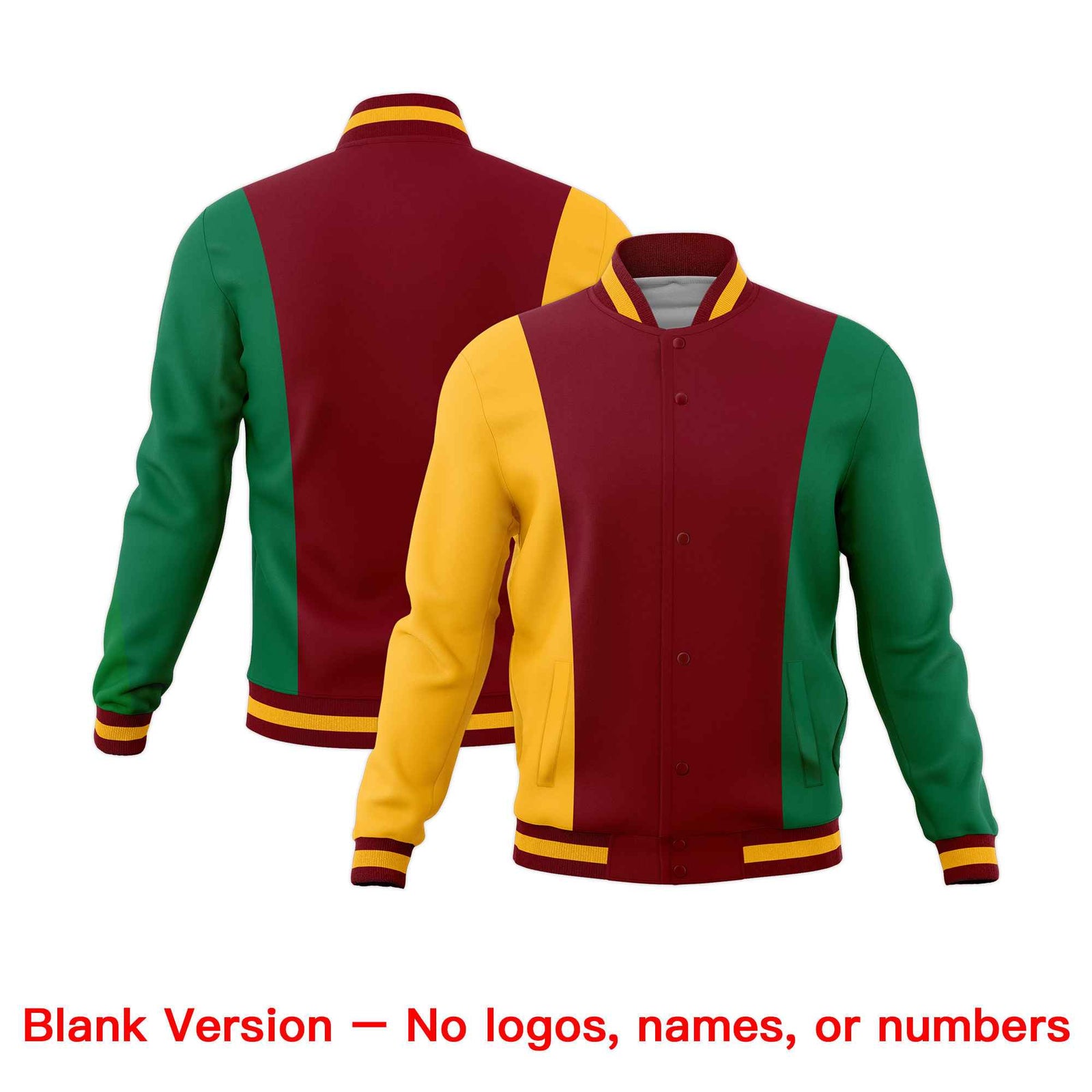 Custom Crimson Yellow Kelly Green Personalization Varsity Full-Snap Three Color Blocks Letterman Jacket| KXKSHOP
