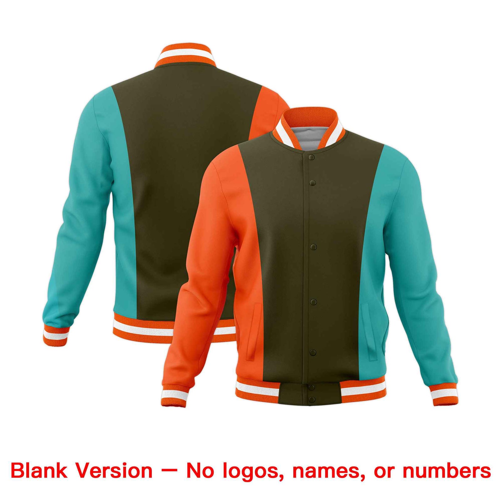 Custom Olive Orange Teal Personalization Varsity Full-Snap Three Color Blocks Letterman Jacket| KXKSHOP